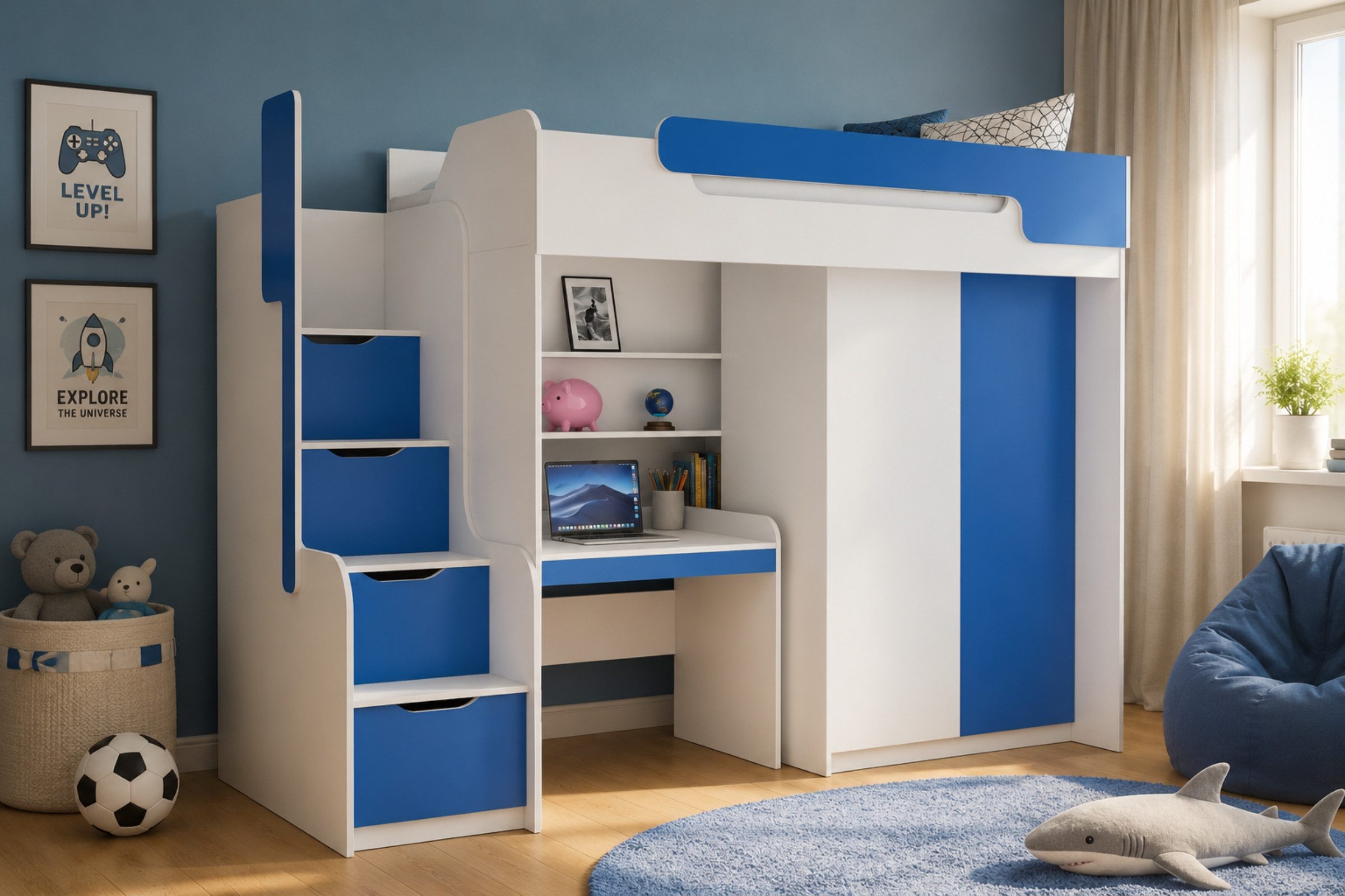 Deine Möbel 24 Hochbett ARTHUR Kinderbett mit Treppe und Stauraum, 90x200 cm (ideal für Kinderzimmer & Jugendzimmer, 1-St., Weiß Eukalyptus Eiche Rosa Blau Anthrazit, praktisch & platzsparend) Multifunktionsbett Jugendbett inkl. Kleiderschrank & Schreibtisch