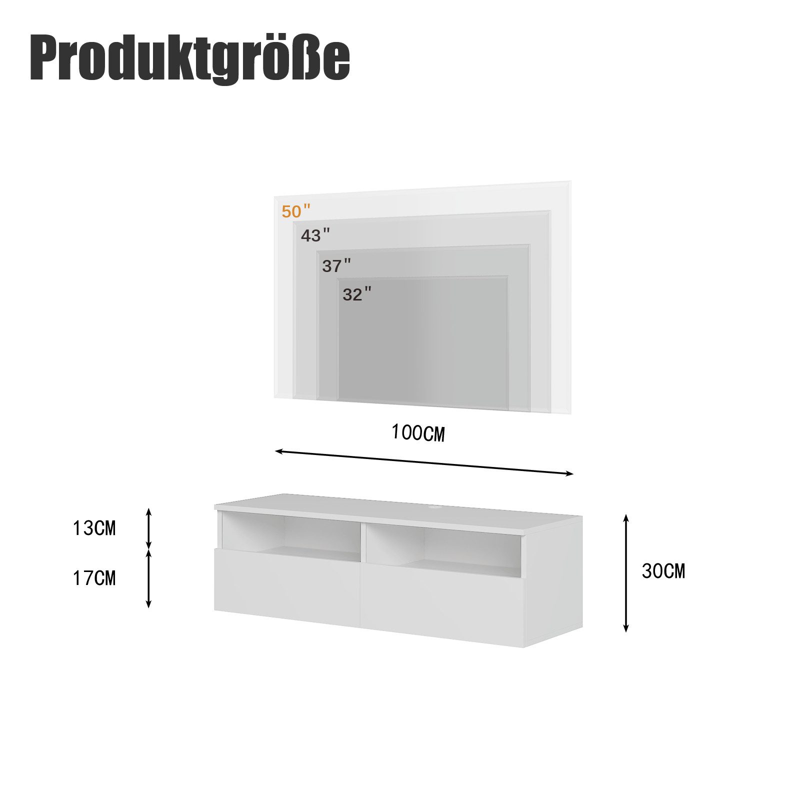 radelldar Lowboard mit LED-Beleuchtung, TV-Schrank, hängend (1 St), 100 cm breit, griffloses TV-Board, 2 Schubladen mit Acryl