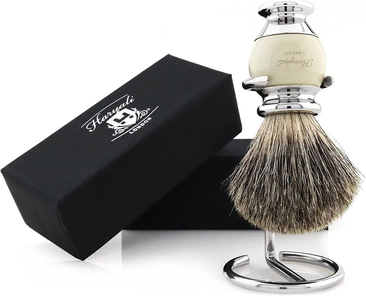 Haryali London Rasierpinsel Herrenbürste aus reinem Dachshaar mit verchromtem Bürstenhalter, 1x pair, 2 tlg., shaving brush and holder, Perfekt für die regelmäßige Rasur