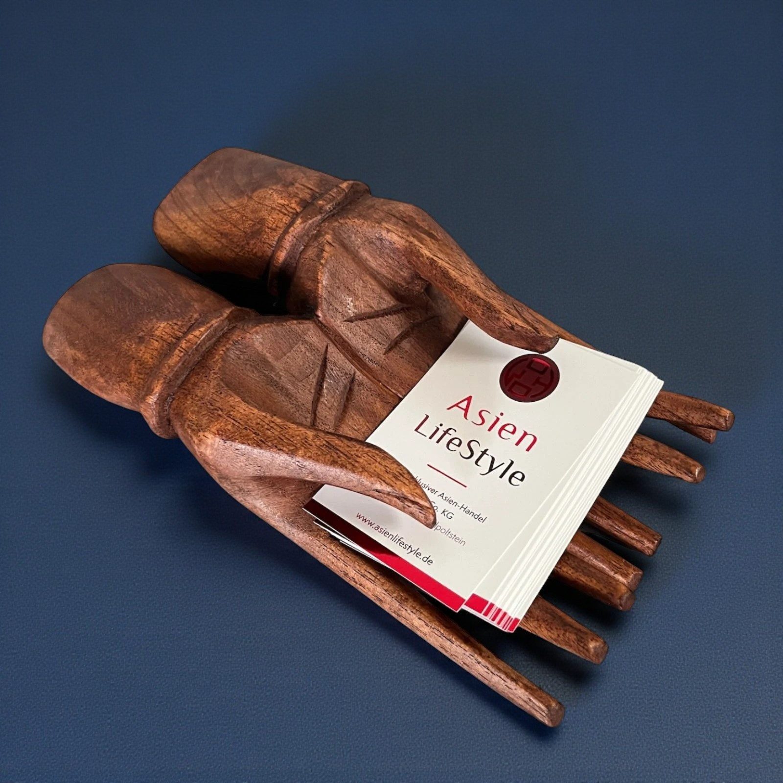 Asien LifeStyle Buddhafigur Buddha Hand Holz – Visitenkartenhalter & Schlüsselablage 20 cm
