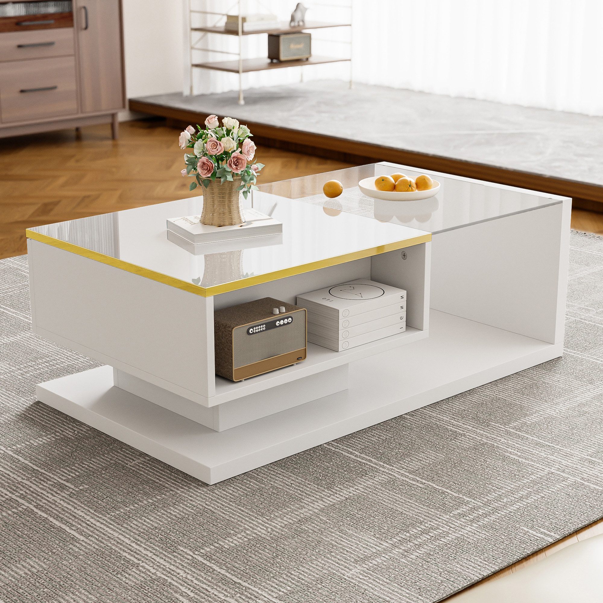 Merax Couchtisch mit Ablagefach und Glastischplatte (90*50*32,5cm, 1-St., 1 Tisch), Beistelltisch Hochglanz mit LED, Wohnzimmertisch Kaffeetisch Satztisch – Bild 5 von 5