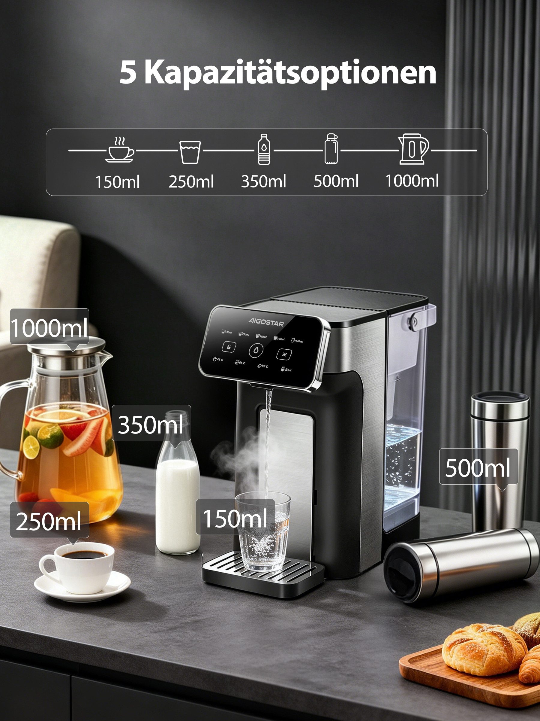 Aigostar Heißwasserspender Edelstahl 3L mit Filter-Slot, 3s Turbo Aufheizung Instant-Wasserkocher, 2600 W, 4 Temperaturstufen, Abtropfschale, kompatibel mit Bri – Bild 4 von 5