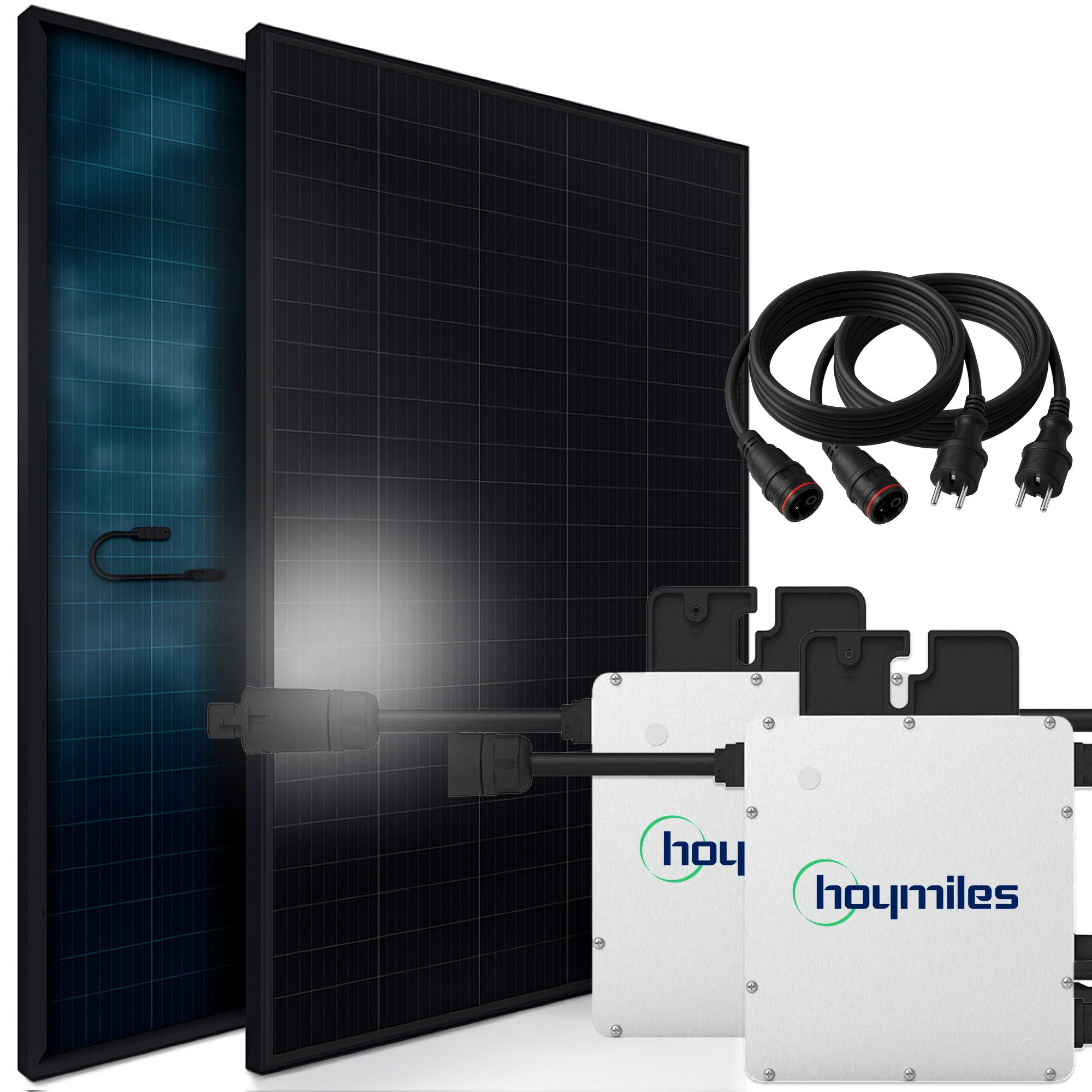 SUNNIVA Balkonkraftwerk 920W BIFAZIAL FULLBLACK komplett Steckdose, (HOYMILES 2x 400 Watt Wechselrichter, PV Solaranlage Komplettset, 2x 460W N-Type Glas-Glas Bifacial Solarmodule, 2x 5m Kabel)