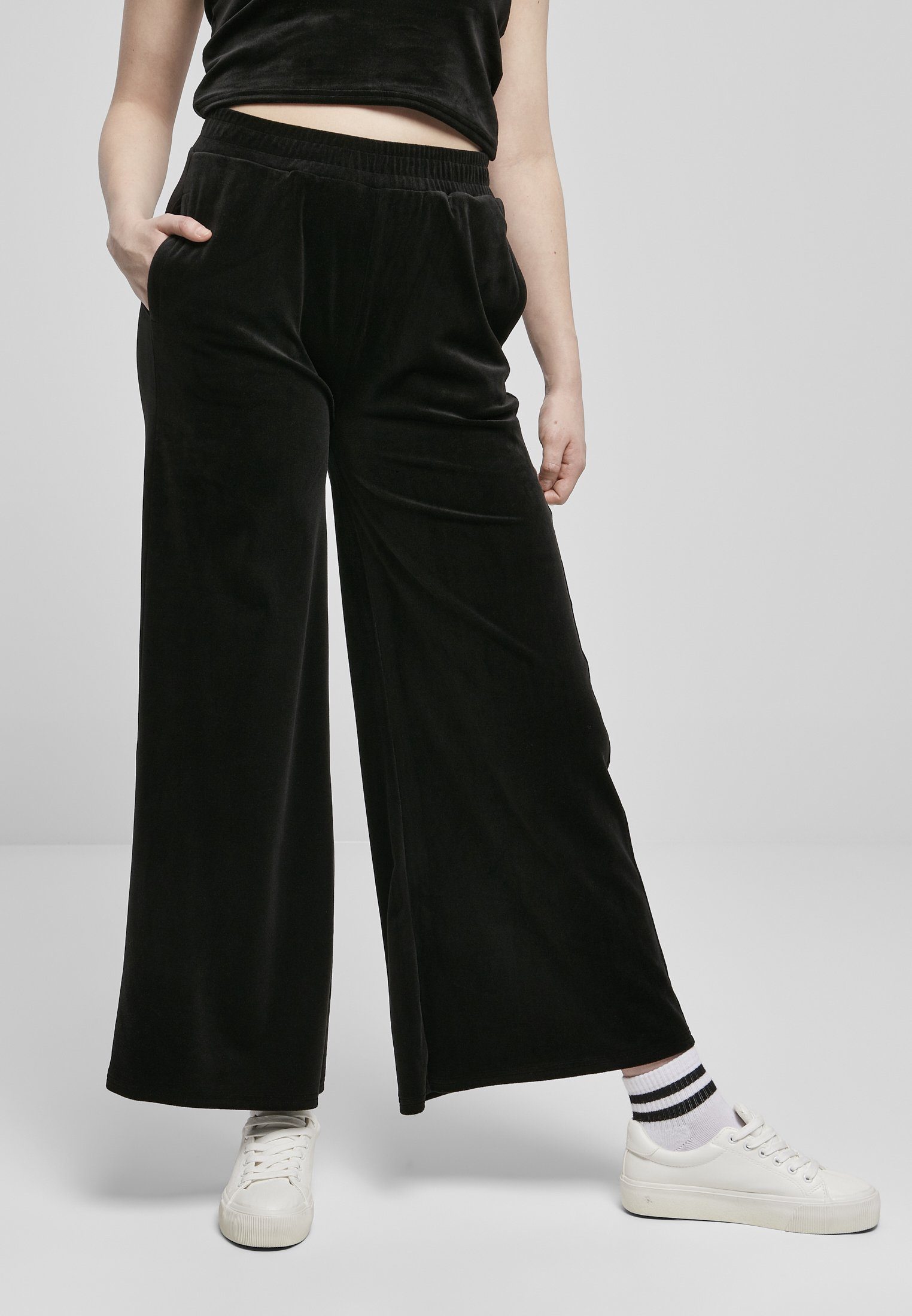 Stoffhose Damen (1-tlg) Straight Waist Sweatpants Velvet black Ladies URBAN CLASSICS High