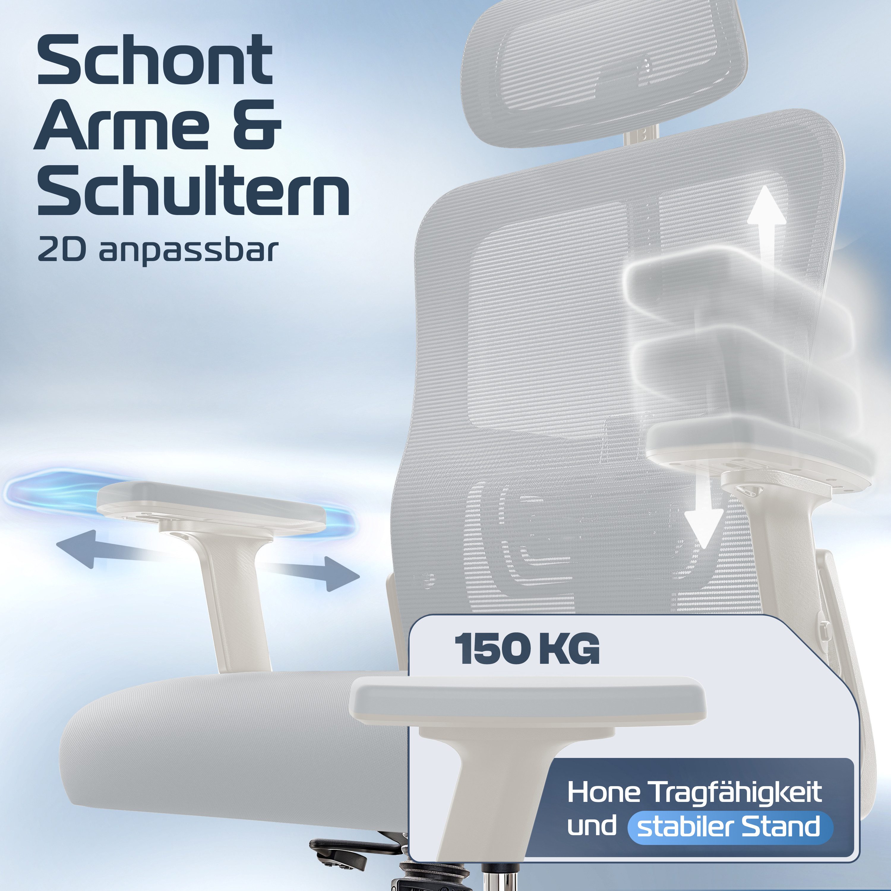 CLOUVOU Bürostuhl Ergonomisch, Schreibtischstuhl bis 150 kg - Testsieger (BrightSeat - Chefsessel für Arbeitszimmer, 2D Armlehne), Blade Wheels, Homeoffice, Gaming Stuhl, Drehstuhl