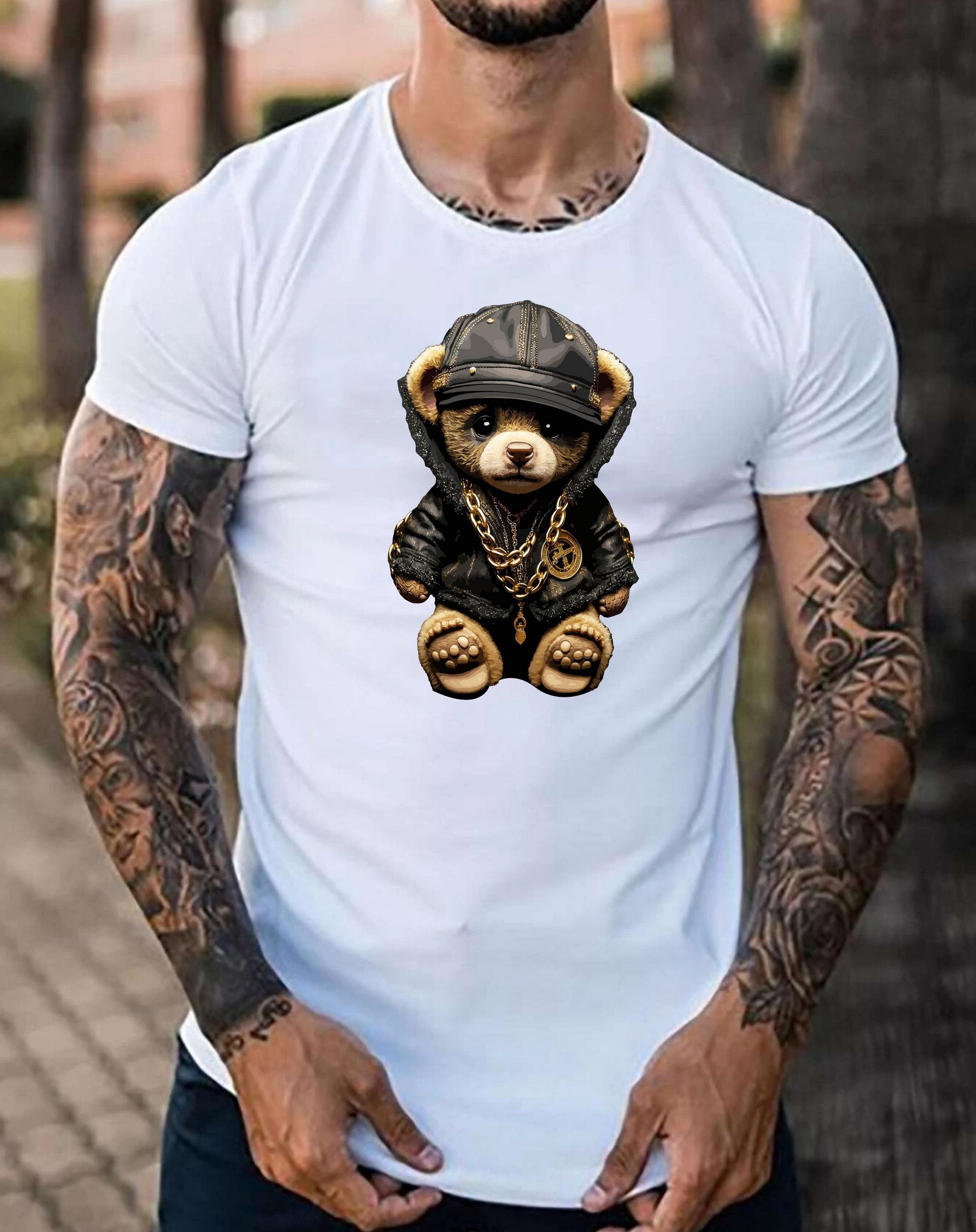 RMK T-Shirt Herren T-Shirt Basic Rundhals mit Gangster Teddybär Bär