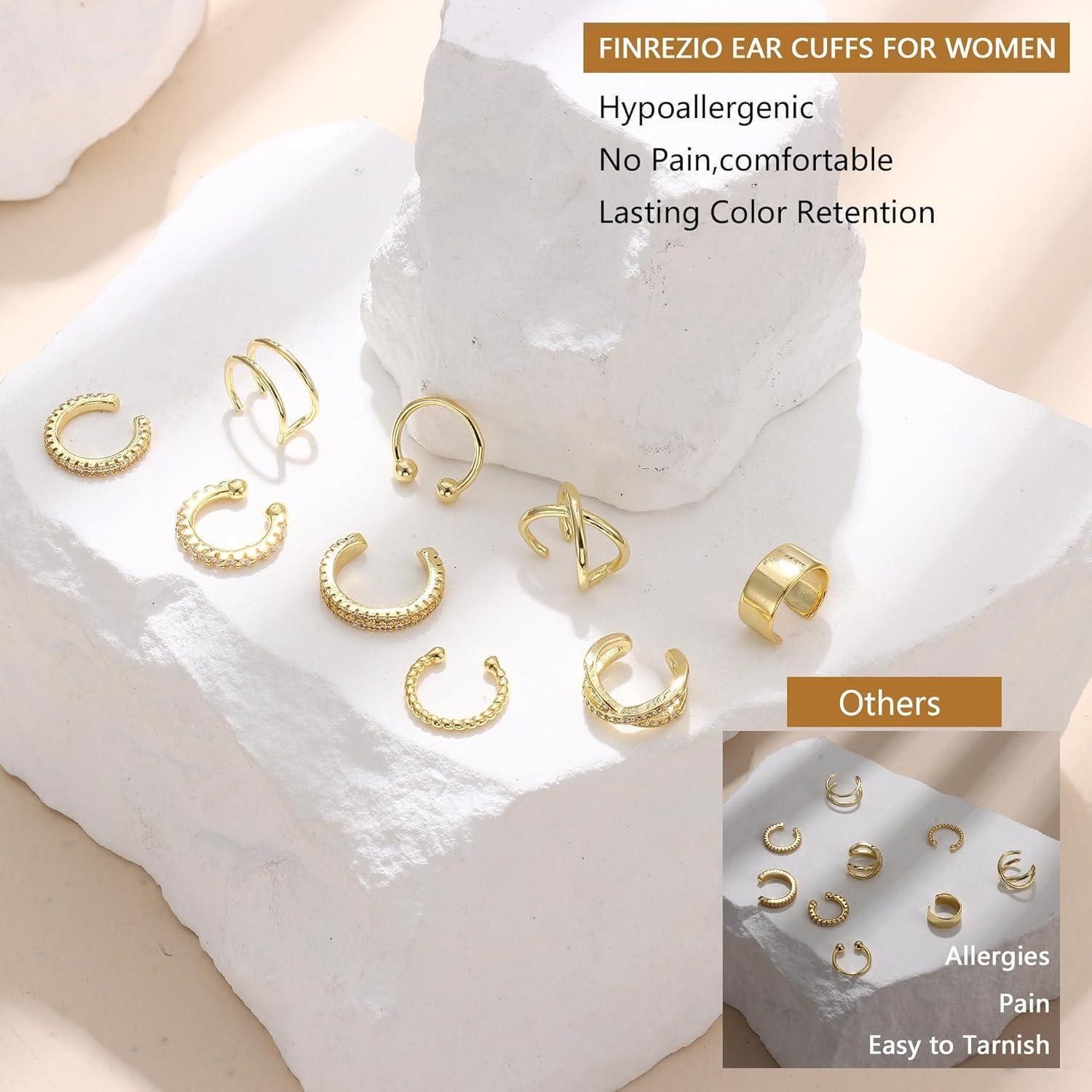 LuxusKollektion Ohrklemmen-Set 9er Set vergoldete Ear Cuffs für Damen - Knorpelohrringe