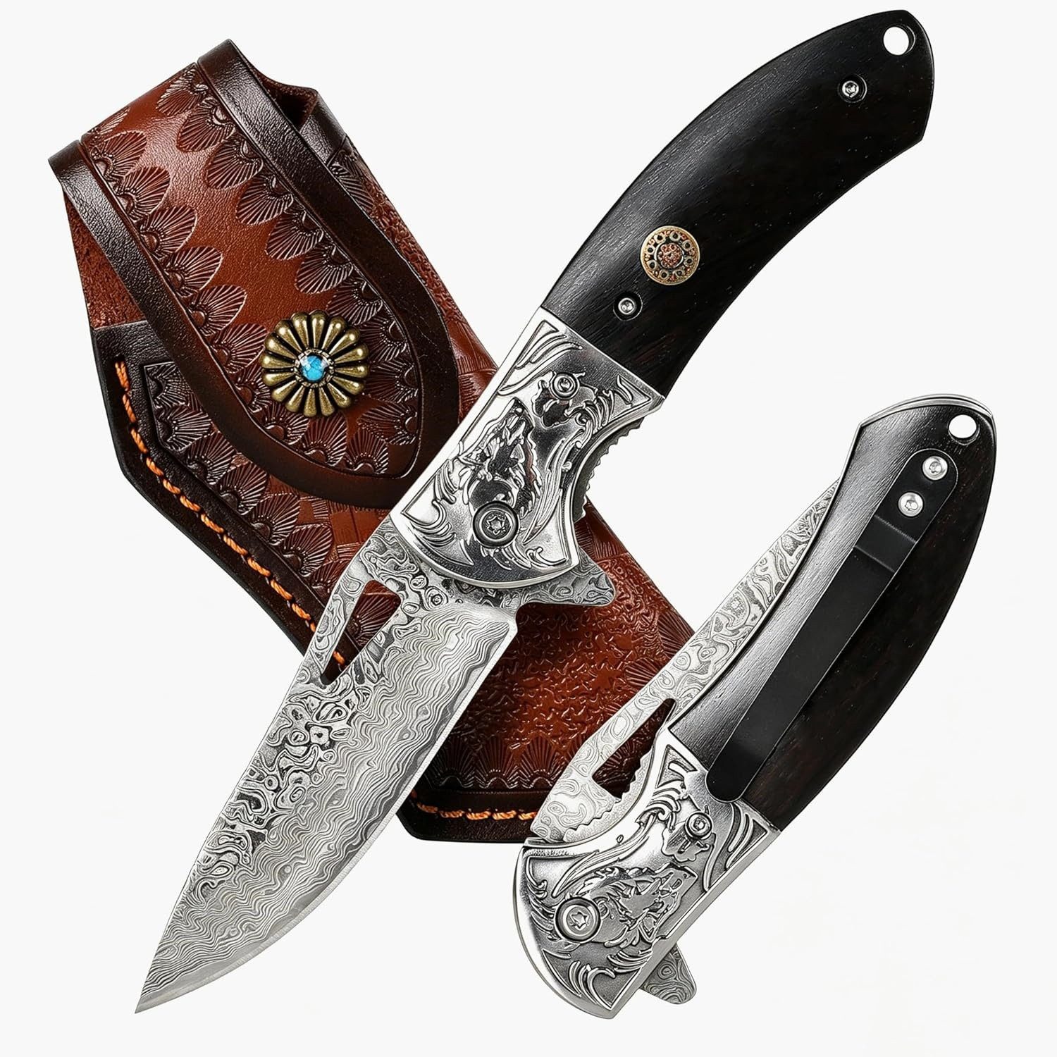 KingLux Damastmesser Taschenmesser Damast Klappmesser mit Gürteltasche Leder, Taschen-Clip