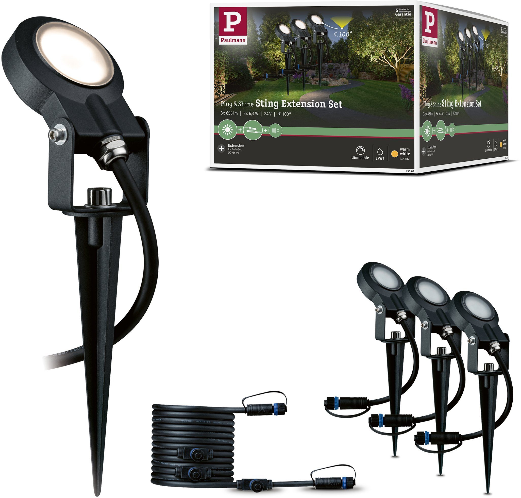 ist ab und zu vorrätig! Paulmann LED IP67, Plug Gartenstrahler 3er LED-Modul, Set fest Warmweiß, & & Shine, Plug integriert, LED Shine