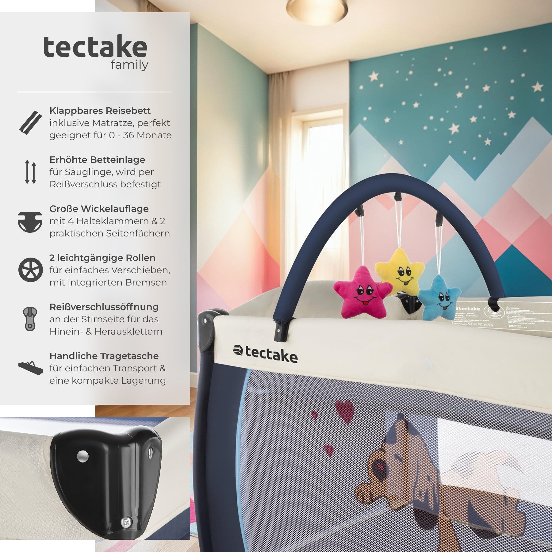 tectake Baby-Reisebett Kinderbett mit Wickelauflage und Transporttasche 132x75x104cm, mit großen Mesh-Einsätzen, Wickelauflage und Seiteneingang in blau – Bild 2 von 5