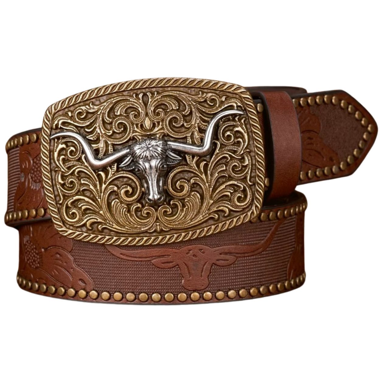 Ware aus aller Welt Ремни с заклепками Westerngürtel mit Longhorn-Schnalle – im authentischen Cowboy Style (1-St) Geprägte Western-Details mit Longhorn- und Blumenmotiven