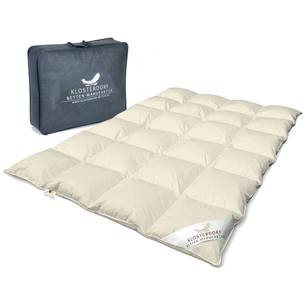 Klosterdorf Betten-Manufaktur Gänsedaunenbettdecke Premium BIO Ganzjahres 4 Jahreszeiten Daunendecke - nonplusultra -, Füllung: 100% neue reine weiße deutsche Bio Gänsedaune aus Bio Produktion Klasse I, Für erholsamen und gesunden Schlaf, liebevolle Handarbeit aus unserem deutschen Familienbetrieb