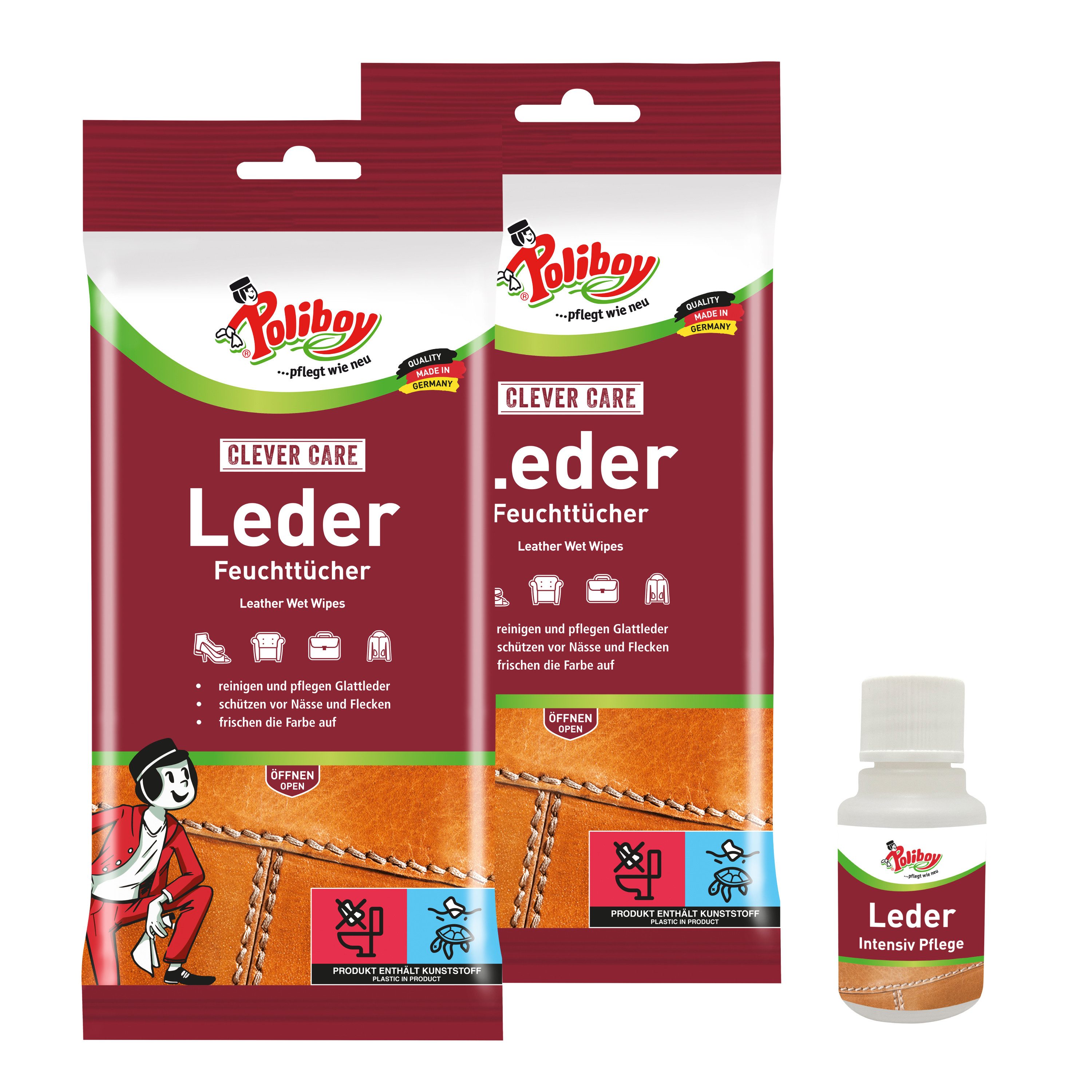 poliboy 2er Set mit 2x20 Tüchern - für schnellen Schutz und einfache Reinigung Leder-Feuchttücher (für Glatt- und Kunstleder - Inklusive Leder Probe - Made in Germany)