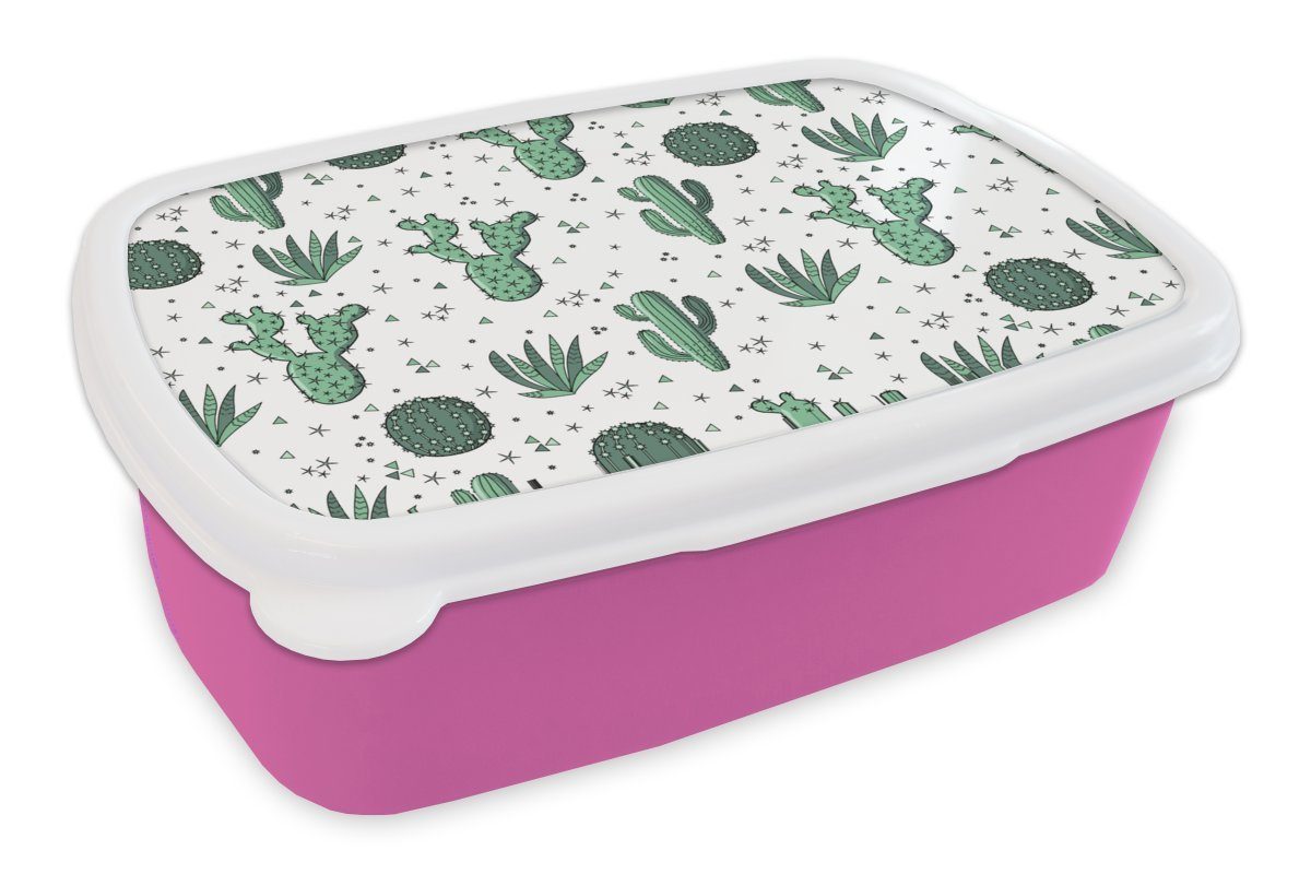 MuchoWow Lunchbox Muster - Kaktus - Pflanzen - Sukkulenten, Kunststoff, (2-tlg), Brotbox für Erwachsene, Brotdose Kinder, Snackbox, Mädchen, Kunststoff rosa