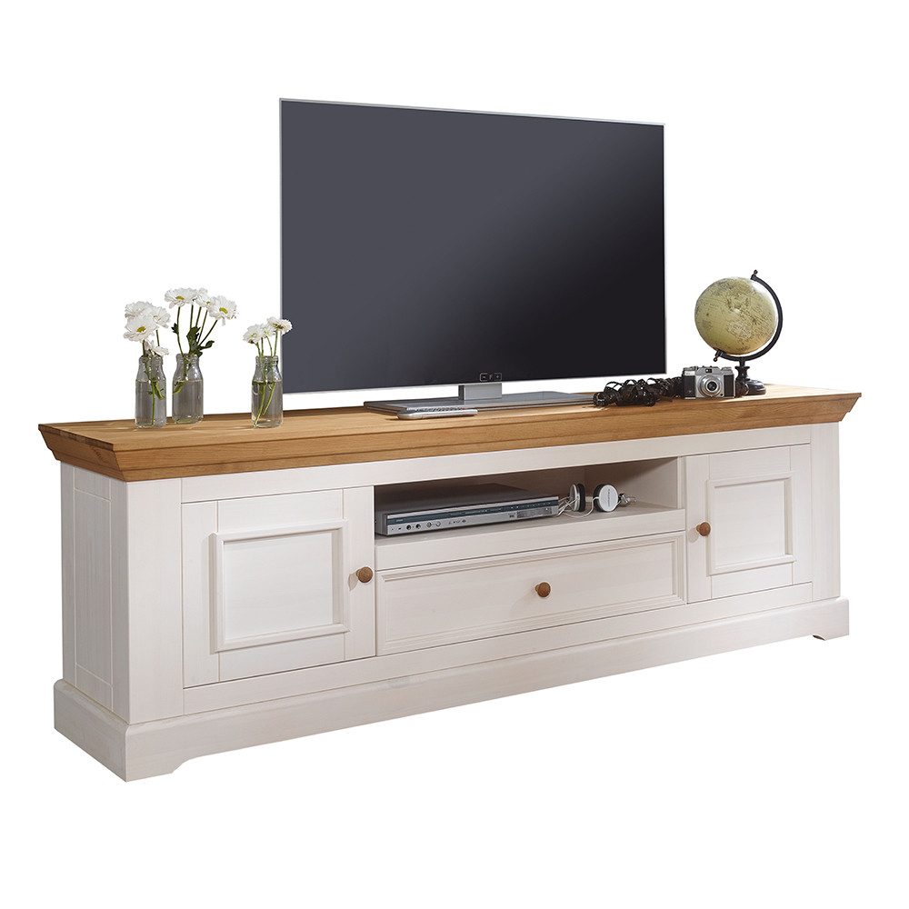 Lomadox Lowboard WARNA-69, Kiefer weiß mit Eiche massiv gewachst, B/H/T ca. 189/63/42 cm