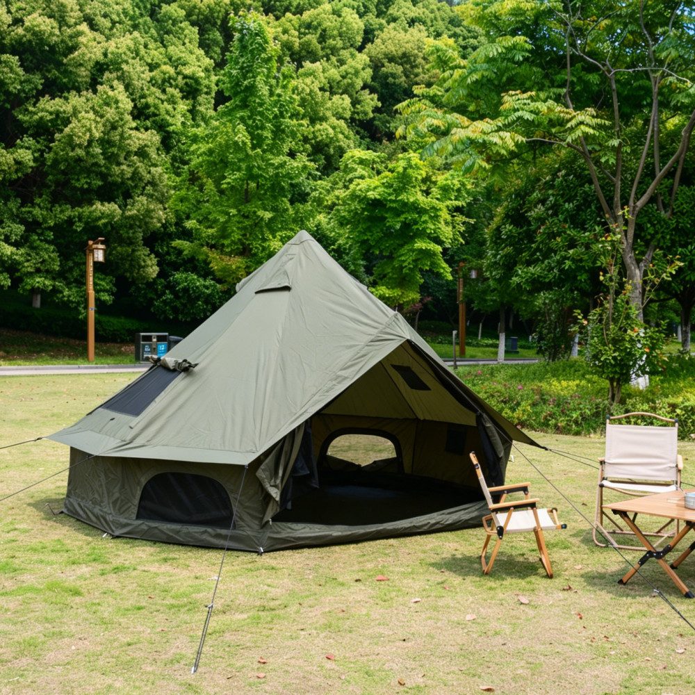 CHICFURN aufblasbares Zelt Oxford Glockenzelt für Familien-Camping mit Ofendurchführung, Personen: 4 (Packung, 1 tlg., Wetterfestes 4-Jahreszeiten-Zelt, 3 × 2 m, Dunkelgrün), Geräumiges Jurtenzelt für 3–4 Personen