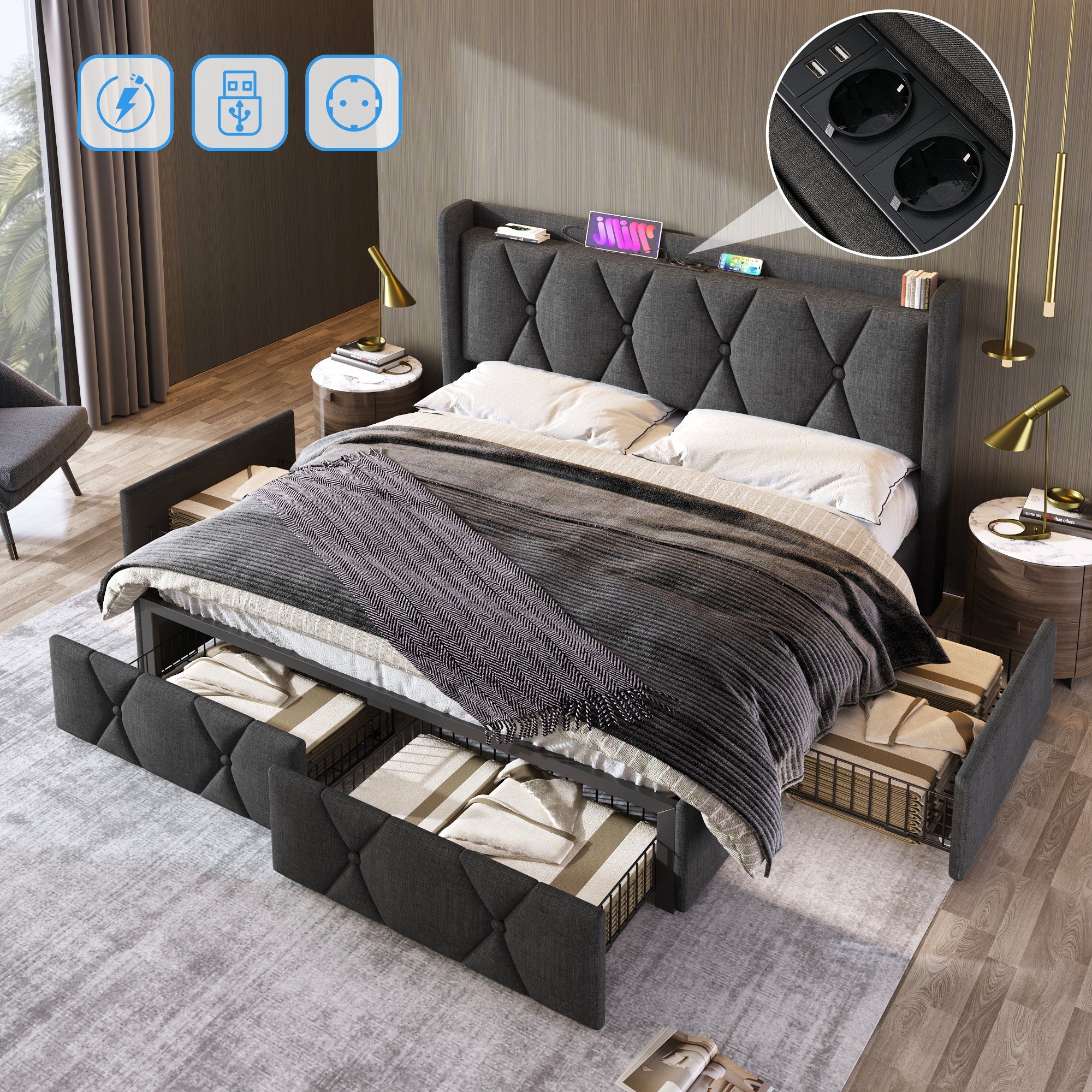 Polsterbett (Doppelbett Stauraumbett 140x200cm mit Lattenrost), mit Steckdose & USB Ladefunktion Kopfteil und 4 Schubladen, Leinen