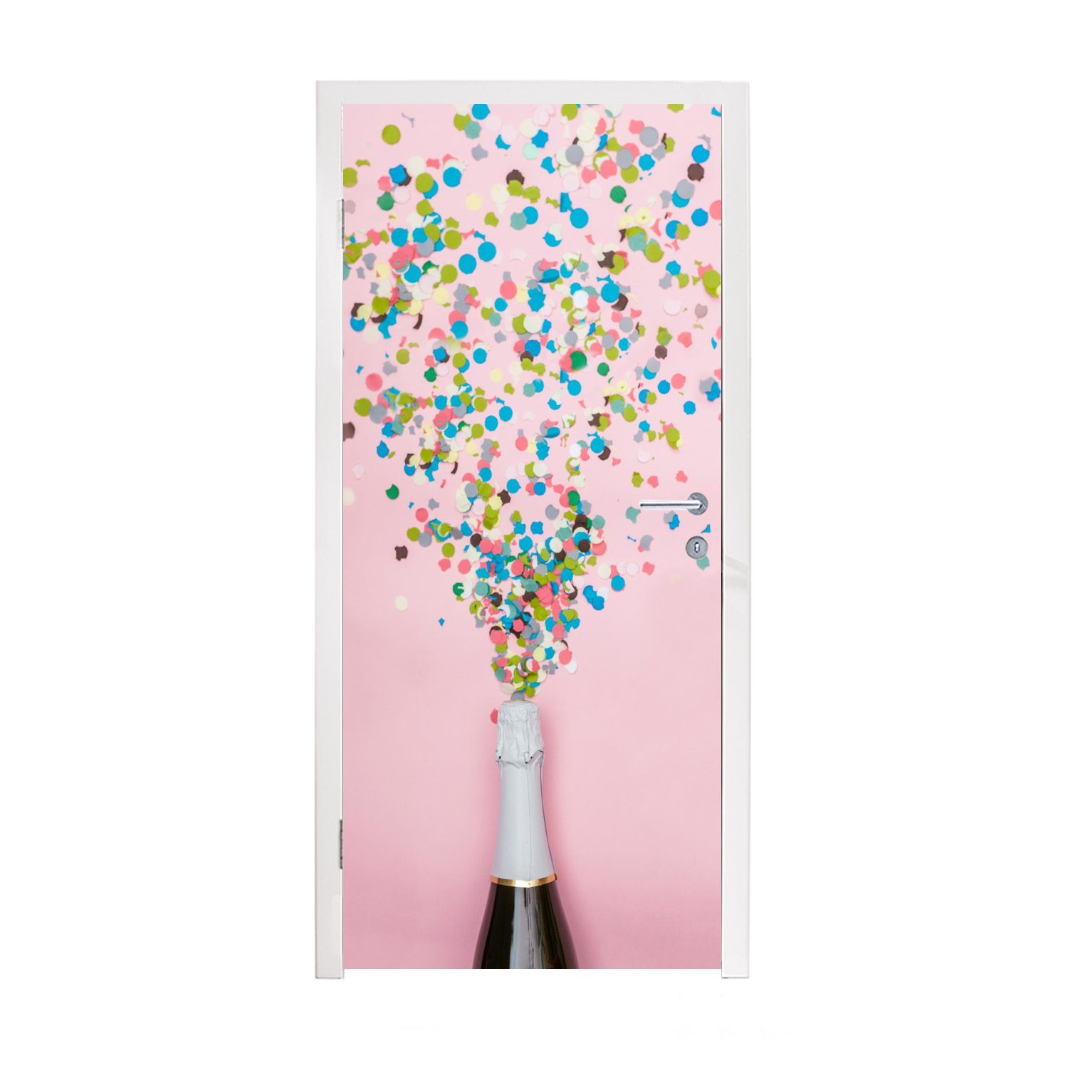 MuchoWow Türtapete Minimalistische Champagnerflasche auf rosa Hintergrund, Matt, bedruckt, (1 St), Fototapete für Tür, Türaufkleber, 75x205 cm