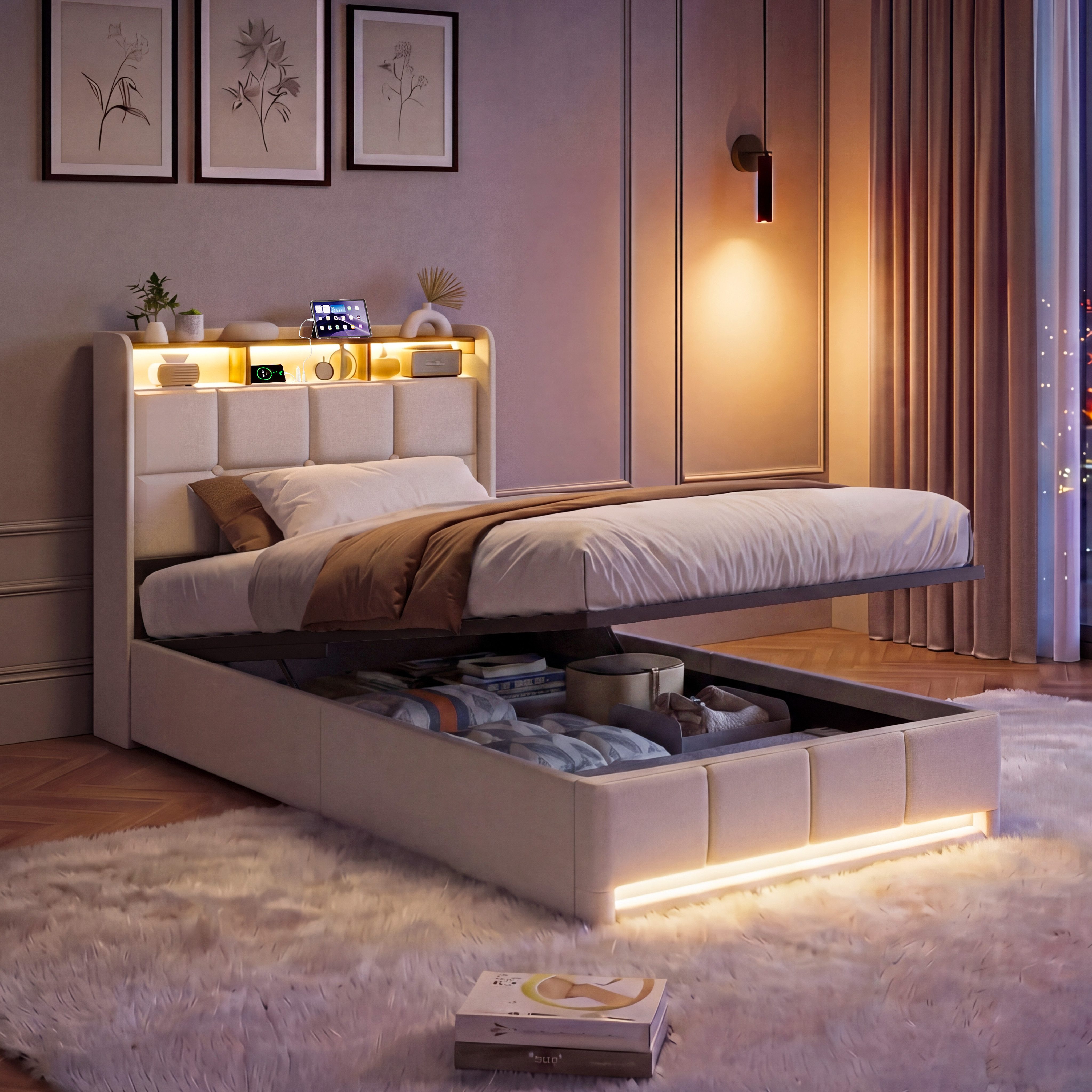 PXloue Polsterbett LED-Bett mit Stauraum und Ladeanschluss (Geeignet für Jugendliche und Erwachsene), Hydraulisches Stauraumbett, Bettkasten, Leinen