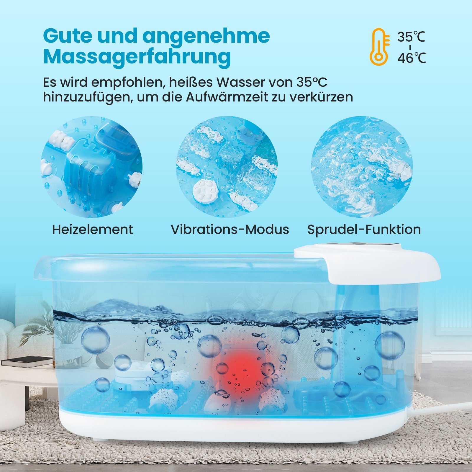 COSTWAY Fußbad, mit Heizfunktion, Vibration, Bubble, Bimsstein, Massagerollen
