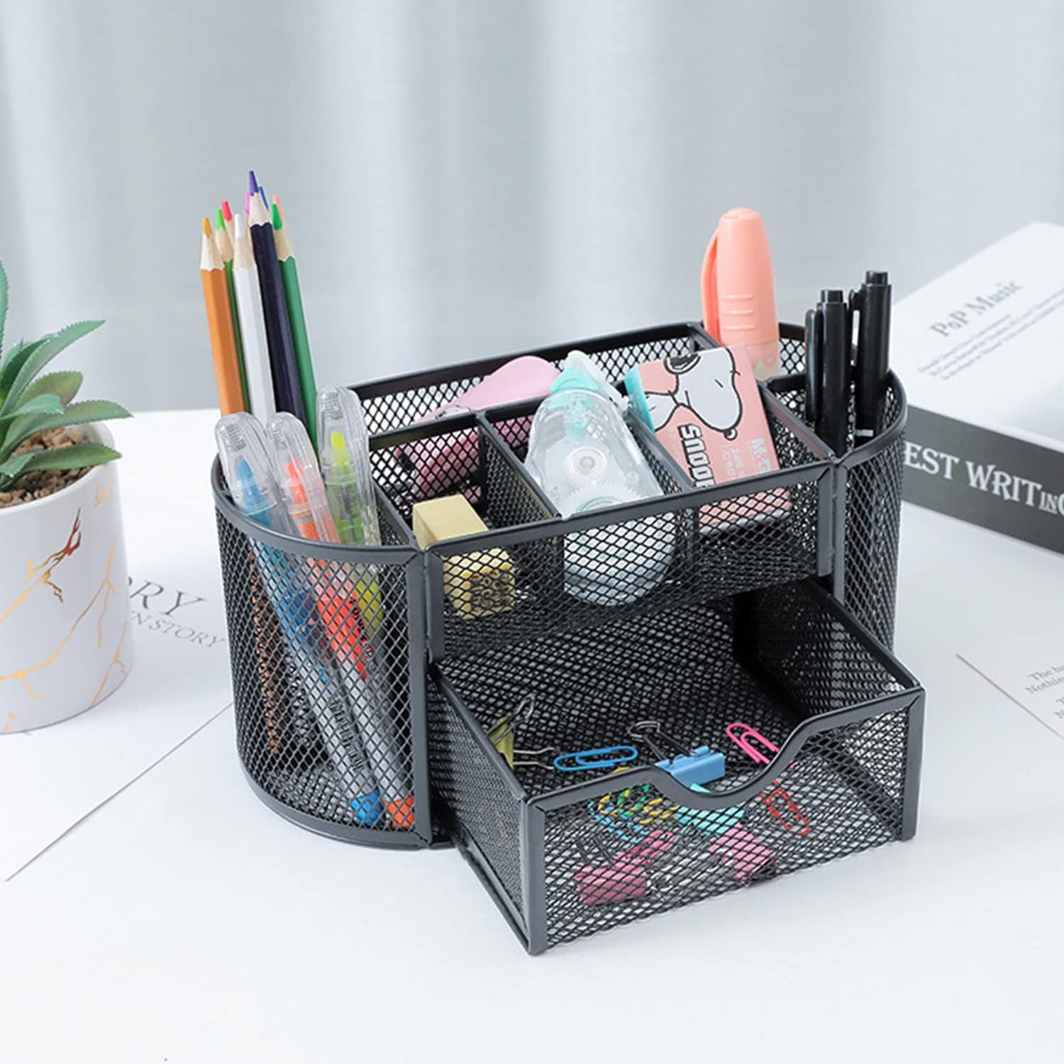 OKWISH Organizer Schreibtisch Organizer Stifthalter Schreibtischorganizer Mesh Metall (Desk-Organizer mit 8 Fächer und 1 Schublade, 1 St., Platzsparendes Büro-Organizer Große Kapazität), Büro Schule Schreibtisch Bleistift Stifte Hefter Schreibwaren Lagerung