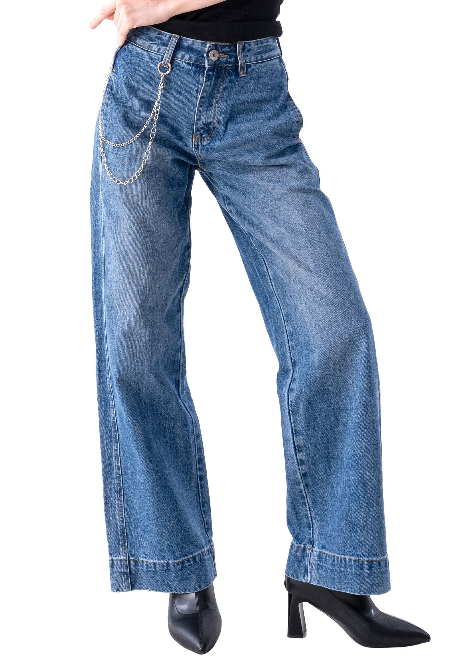 KORVIN Straight-Jeans Baggy Hosen für Damen Straight Fit High Waist Blue Jeans Gerades Bein (Packung) Atmungsaktiv