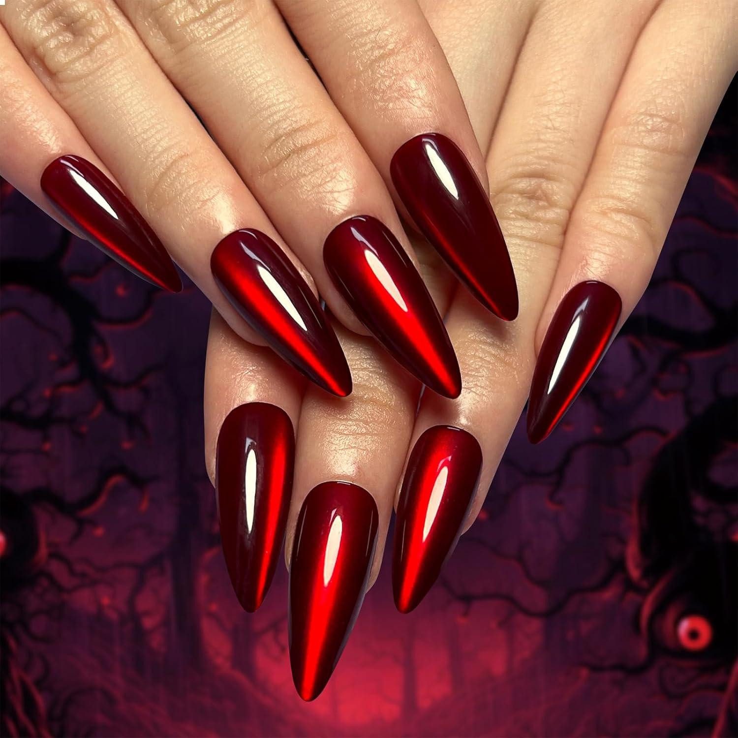 Kunstfingernägel 30er Set Mandel Fake Nägel Rot Glitzer mit Designs, Falsche Nägel lang