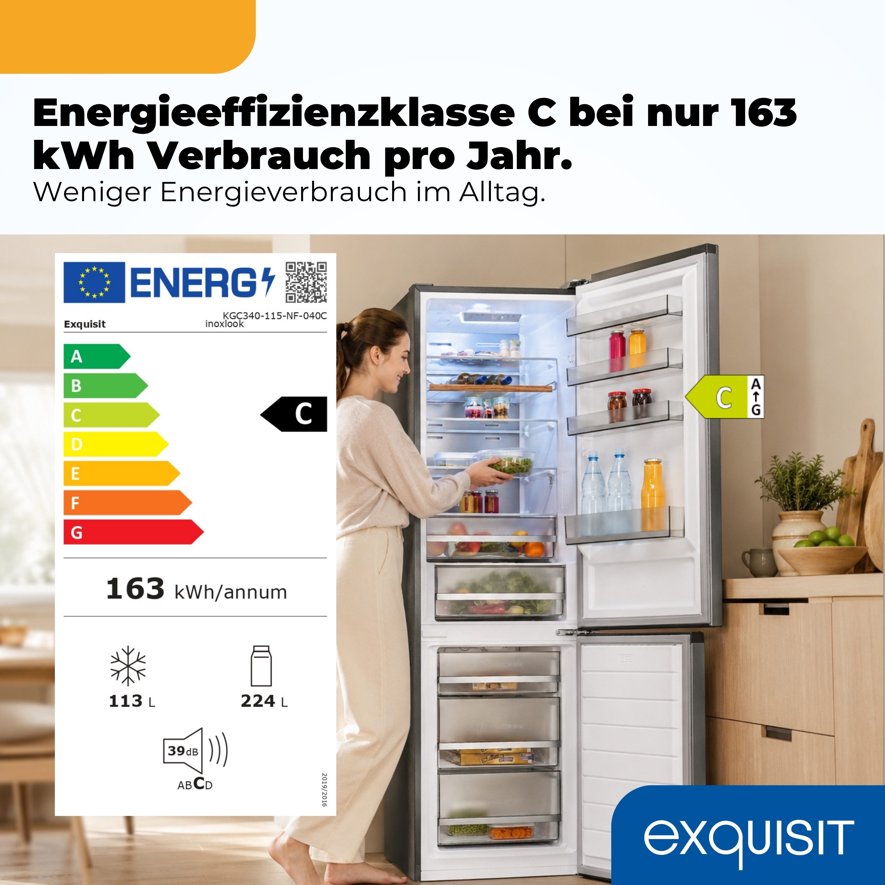 exquisit Kühl-/Gefrierkombination KGC340-115-NF-040C inoxlook, 186 cm hoch, 59,5 cm breit, NBoFrost Technologie für dauerhaft eisfrei ohne Abtauen