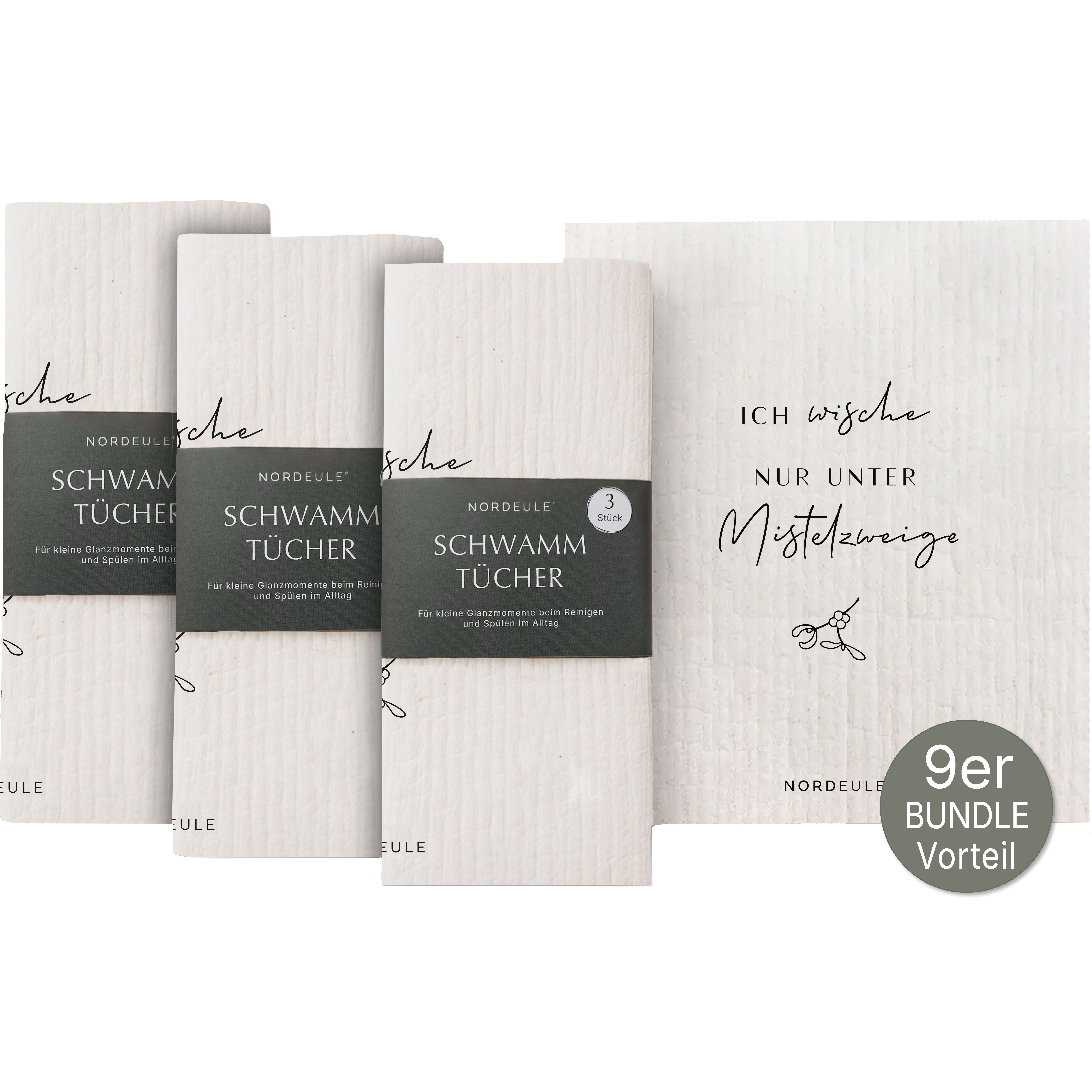 NORDEULE „Ich wische nur unter Mistelzweigen.“ Spruch in Schwarz-Weiß Reinigungstuch (70% Holz-Zellulose, 30% Baumwolle, Set, 9-tlg., für Glanzmomente in der Weihnachtszeit oder als Geschenk)