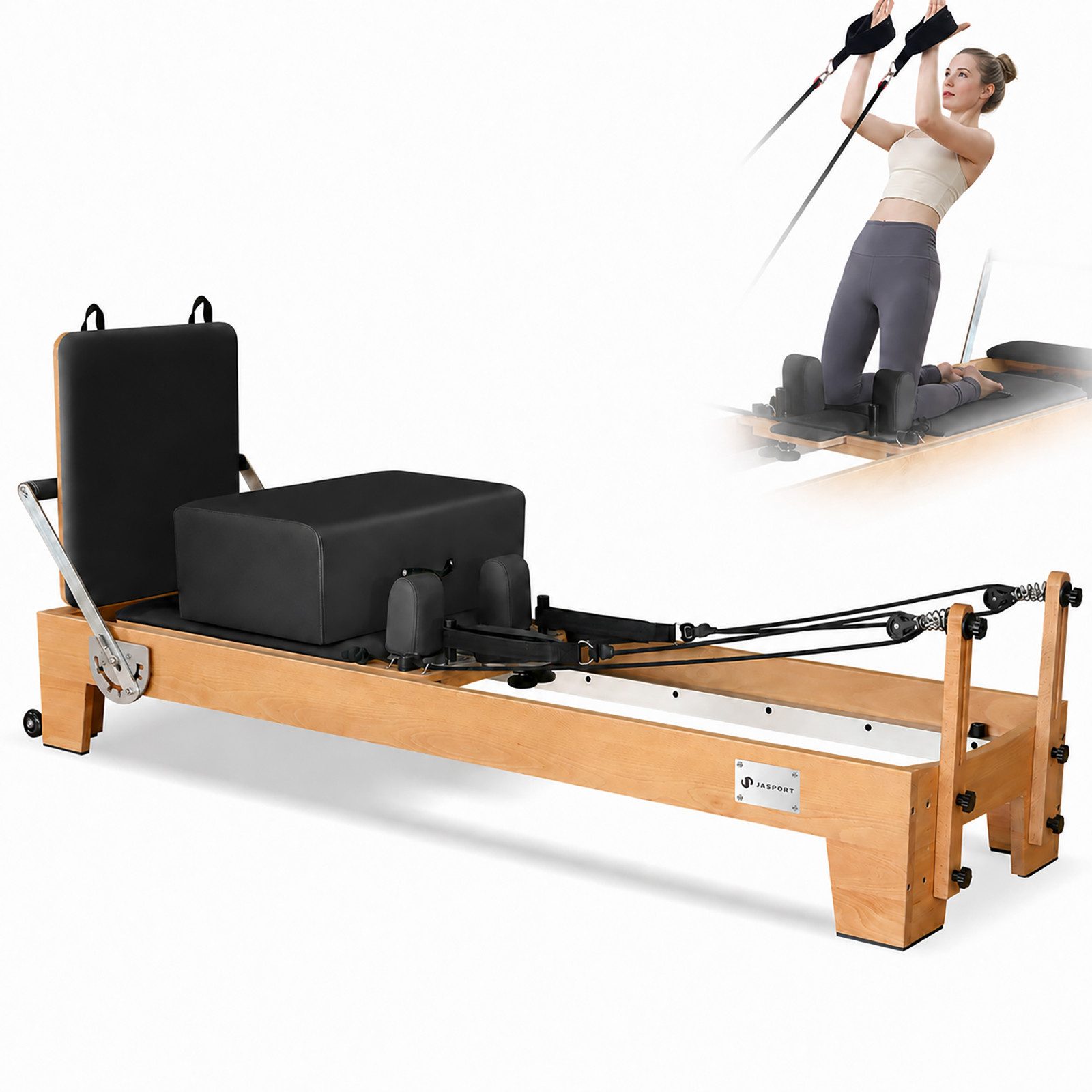JASPORT Pilates-Reformer Hochwertige Holz-Reformer Serie für Pilates-Studios, (Komplettset mit 6 Federn, Sitzbox, Jumpboard und Fußschlaufen), Für Heimtraining und professionelle Studios geeignet