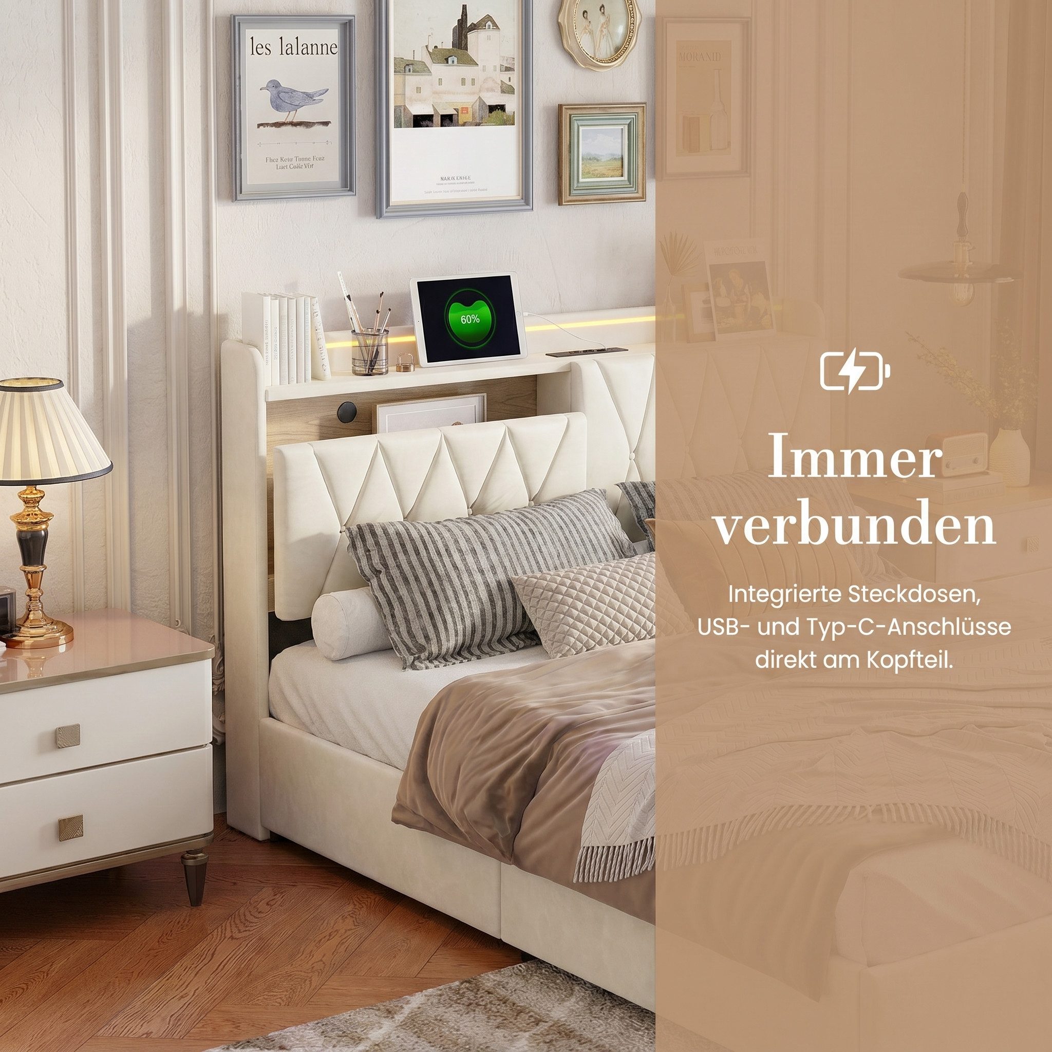 ADWOLT Polsterbett Doppelbett Stauraumbett mit Schubladen und Ladefunktion (Set, 1-tlg., 140x200cm Stauraumbett), mit USB/Type-C Anschlüssen und 3 Schubladen, m – Bild 4 von 5