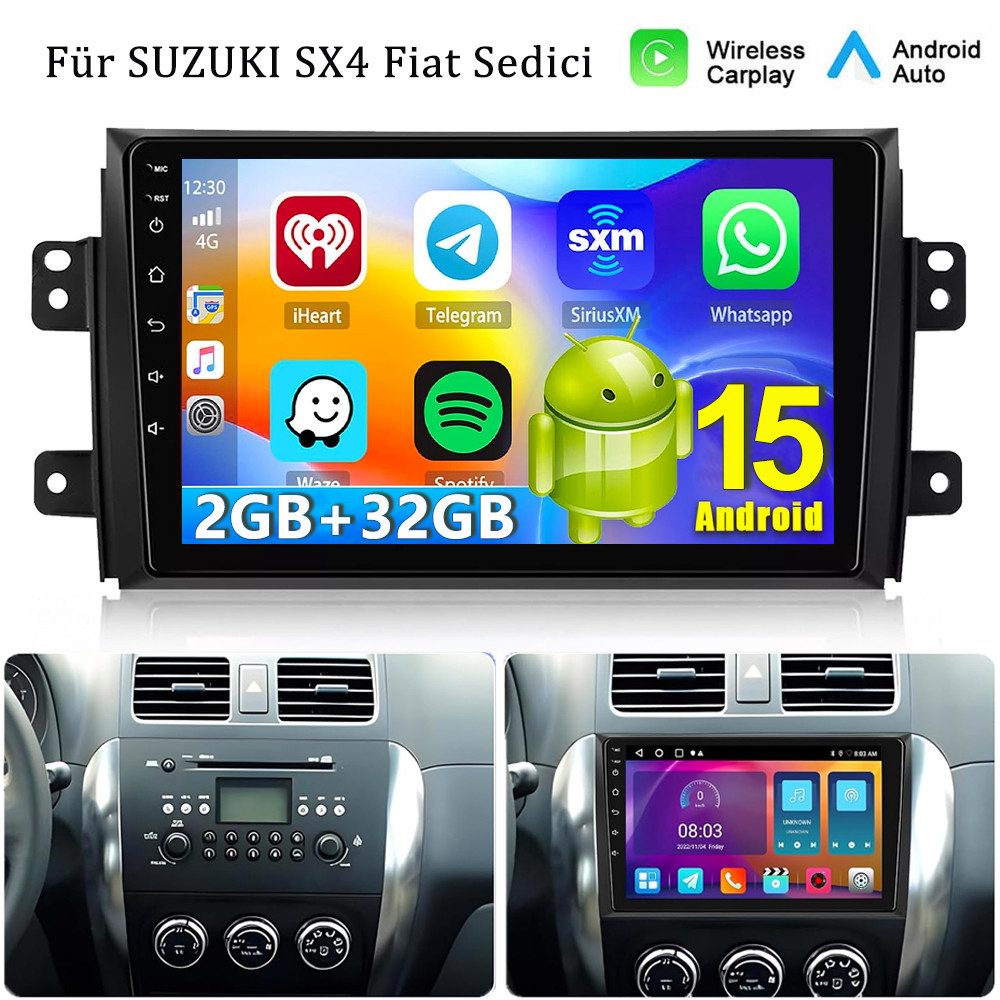 ESSGOO 9'' DAB+ Autoradio Android 15 für Suzuki SX4 2006–13 CarPlay GPS Navi Autoradio (RDS, 4+64GB(optional), FM, AM, DAB+ (optional), Android Auto Apple Carplay,Bluetooth,USB,WIFI)