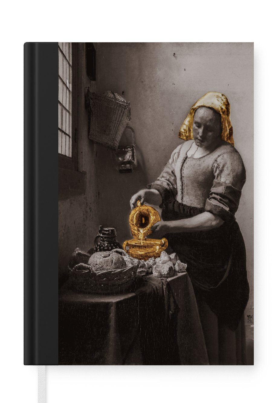 MuchoWow Notizbuch Das Milchmädchen Johannes A5, Notizheft, - Merkzettel, - Journal, Vermeer 98 Tagebuch, Seiten, Gold, Haushaltsbuch