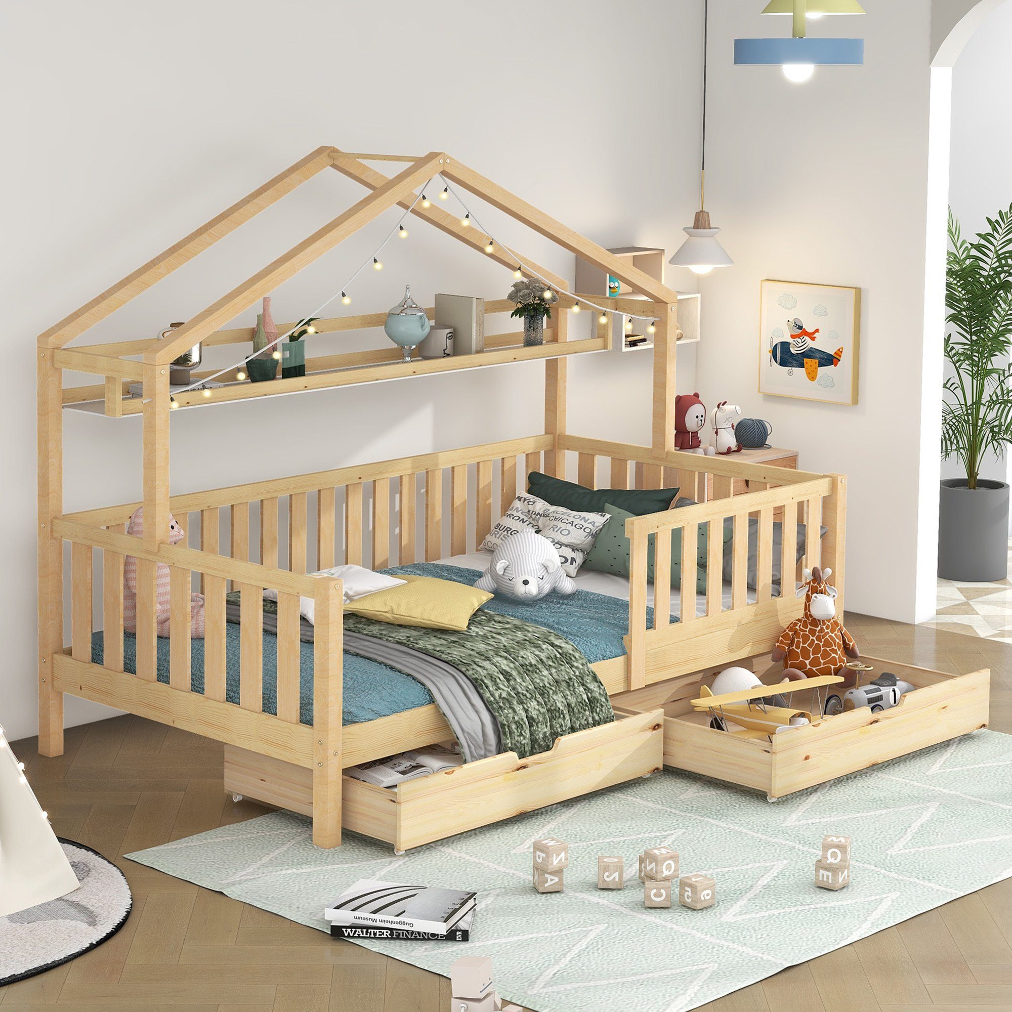Flieks Kinderbett (mit Lattenrost, Ablageregal und 2 Schubladen), Hausbett Einzelbett Kiefernholz 90x200cm ohne Matratze