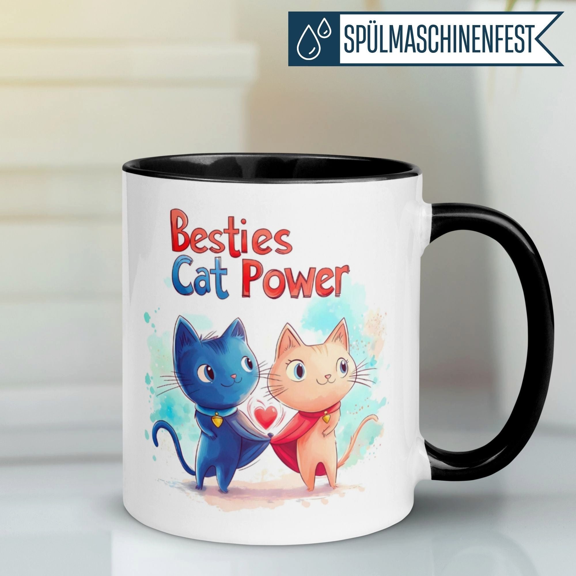 Momentals Tasse Freundschaft – „Besties Cat Power“ – Geschenk Beste Freunde Freundin, Gratis Versand · Links-&Rechtshänder · Spülmaschinenfest