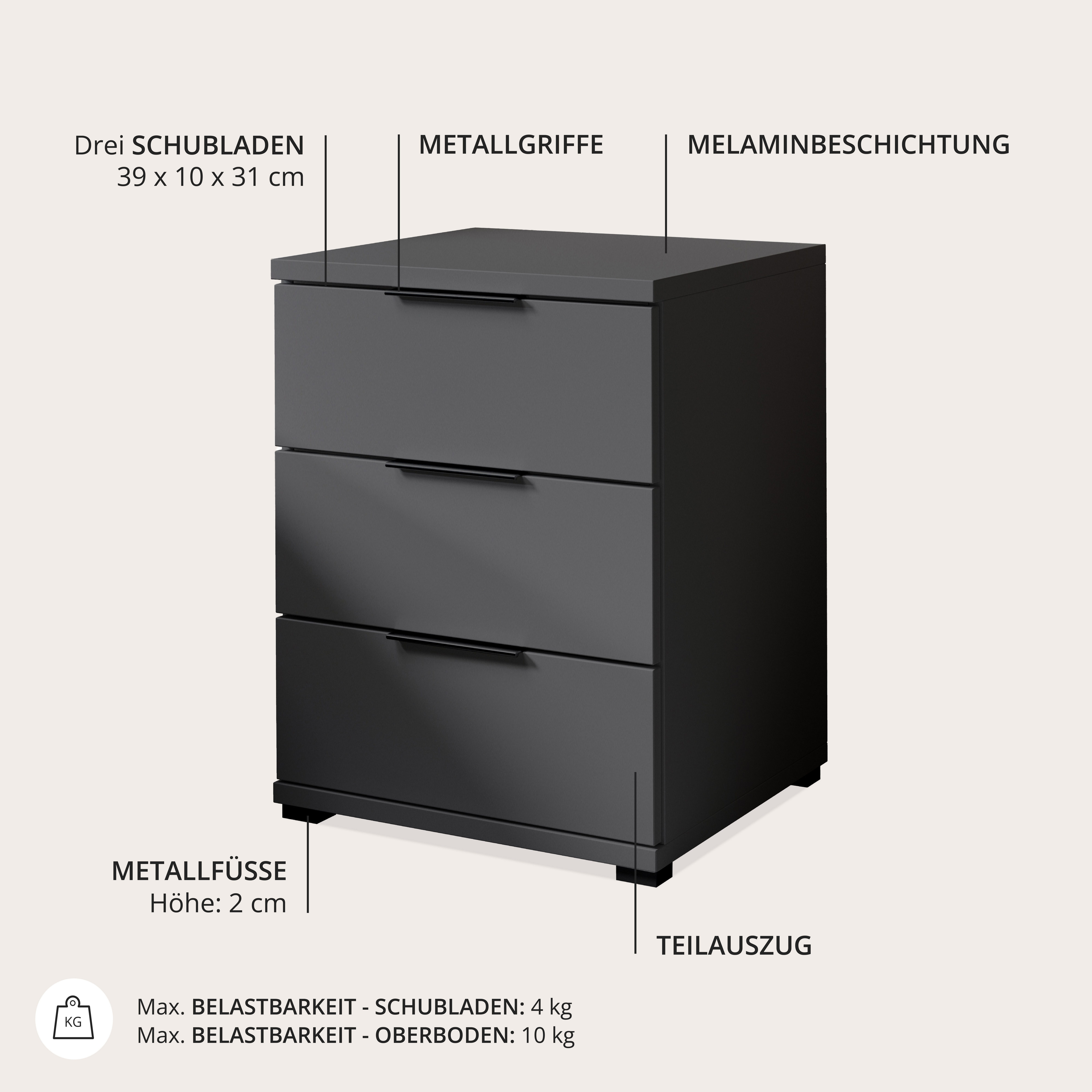Schlafkontor Nachtkommode Smilla Nachttisch, Nachtkonsole mit Schubkästen, Korpus melaminbeschichtet, silberfarbige oder schwarze Griffe