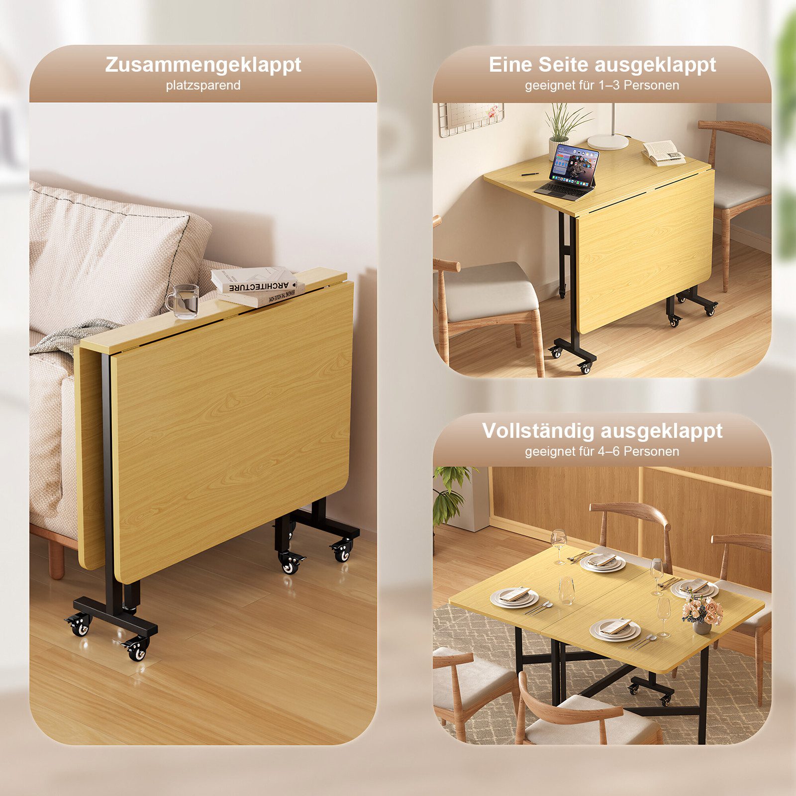 BBWL Klapptisch ausziehbar & faltbar,120x80 cm, Tragkraft 60 kg (Stabiles MDF-Tischblatt & Metallgestell, Inkl. feste Füße & Rollen), Ideal für kleine Wohnungen – Bild 2 von 5