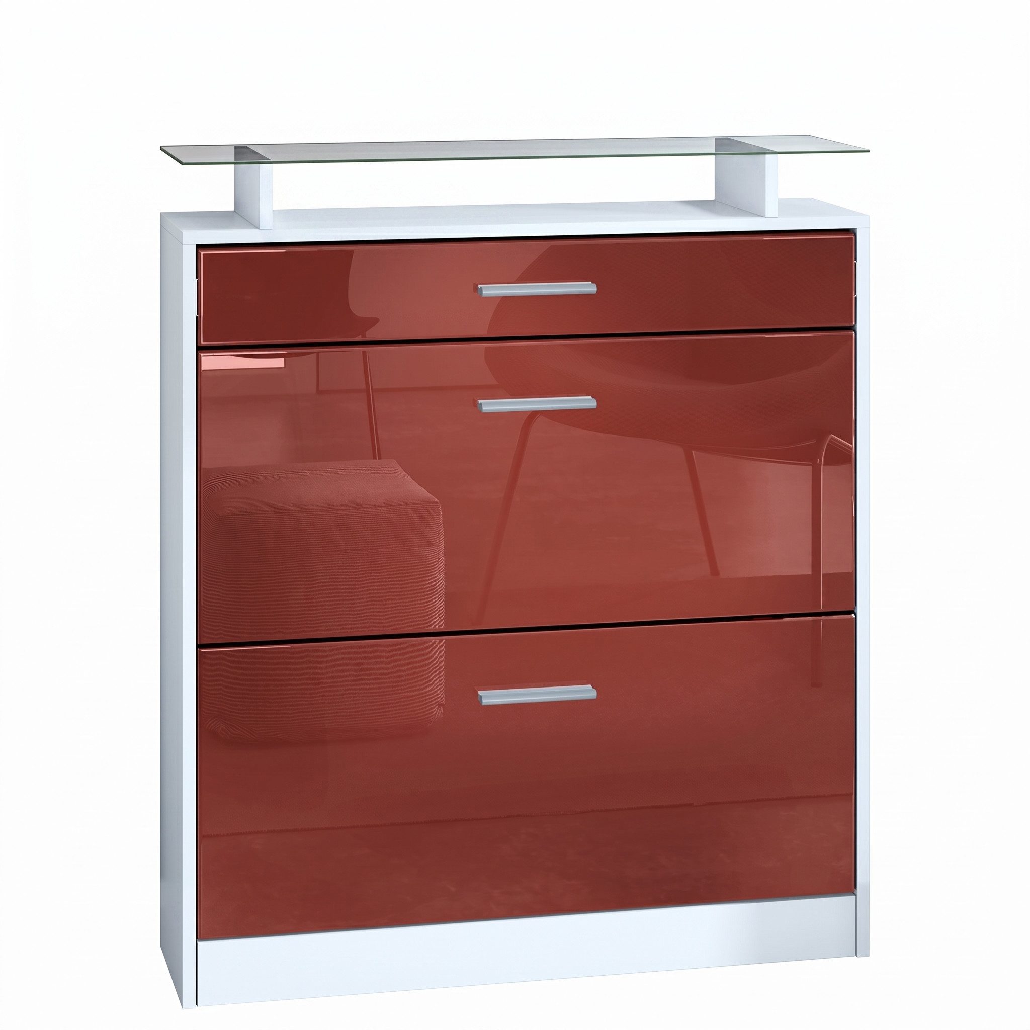 Vladon Schuhschrank Loret (hängender Schuhkipper für 16 Paar Schuhe, mit 2 Klappen und 1 Schublade und Glasablage) Weiß matt/Bordeaux Hochglanz (89 x 104 x 23 cm)