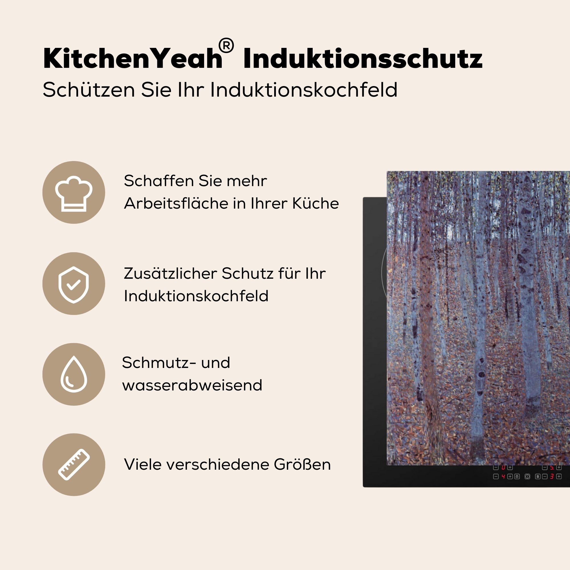 tlg), Klimt, küche cm, Herdblende-/Abdeckplatte Vinyl, für (1 von MuchoWow Buchenhain Gemälde Arbeitsplatte Ceranfeldabdeckung, 78x78 Gustav -