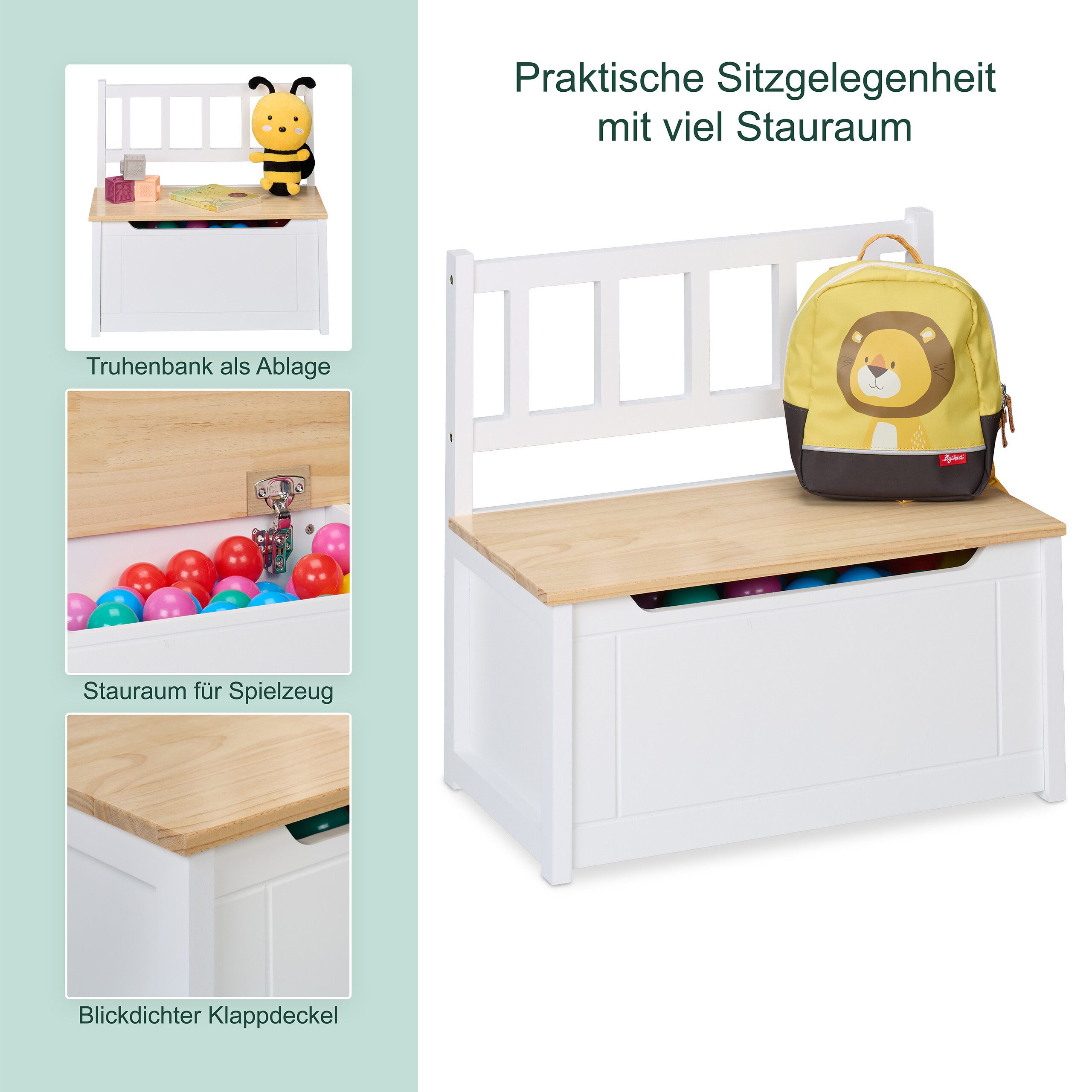 relaxdays Sitzbank Kinderbank mit Stauraum (1-St), Weiss-braun – Bild 5 von 5