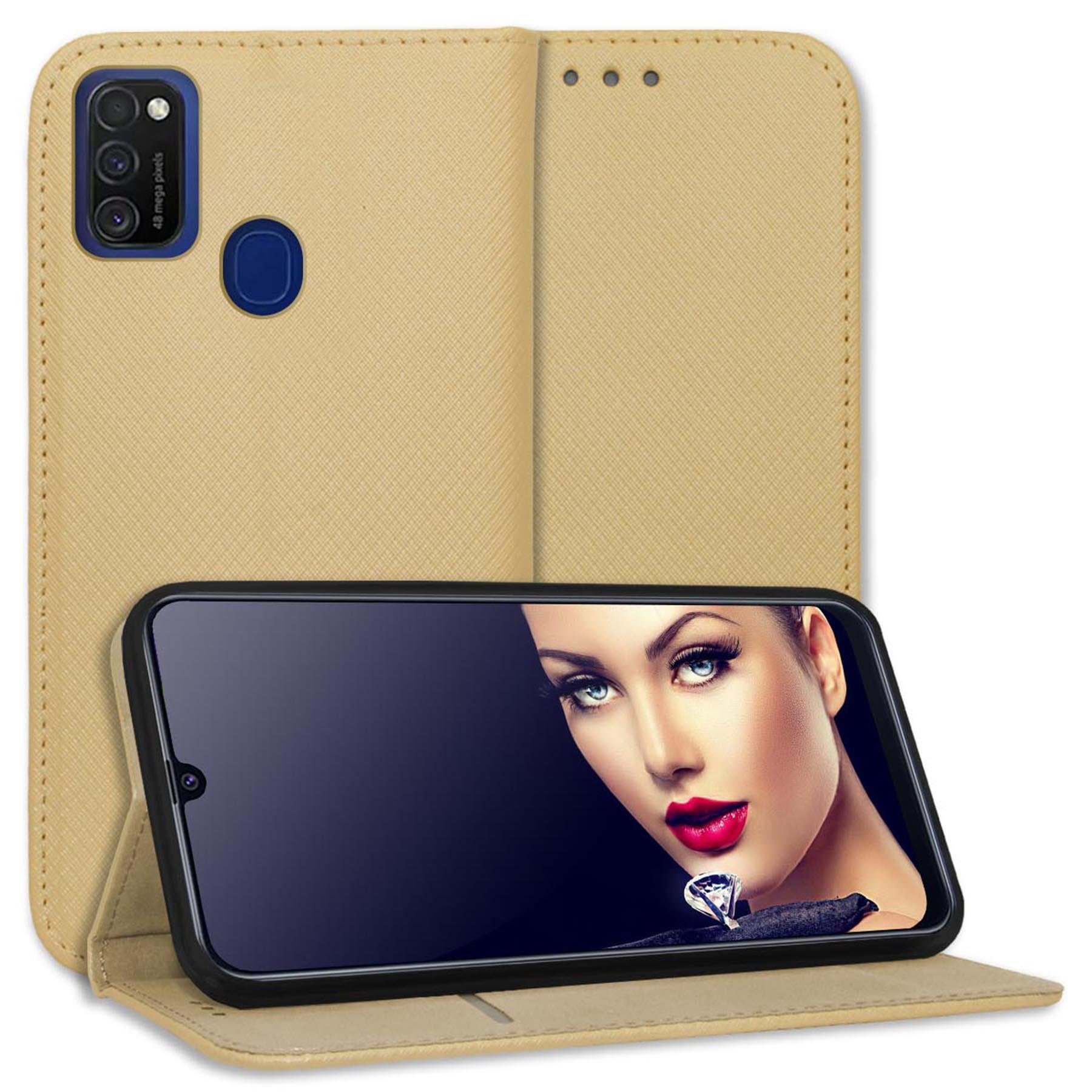 mtb more energy Smartphone-Hülle Smart Magnet für Samsung Galaxy M21 / M30s, Gold, Bookstyle Klapphülle Cover Wallet Case aus Kunstleder