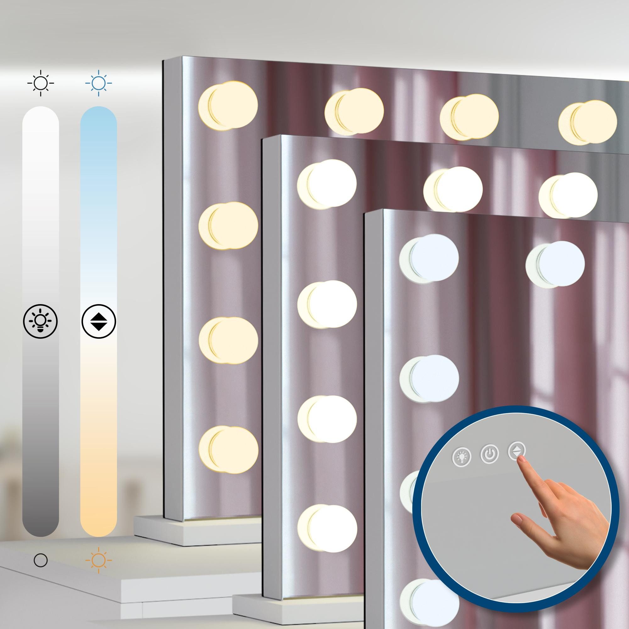 CLP Schminktisch Tiline (1er), Spiegel, LED-Beleuchtung, 7 Schubladen, Glasplatte