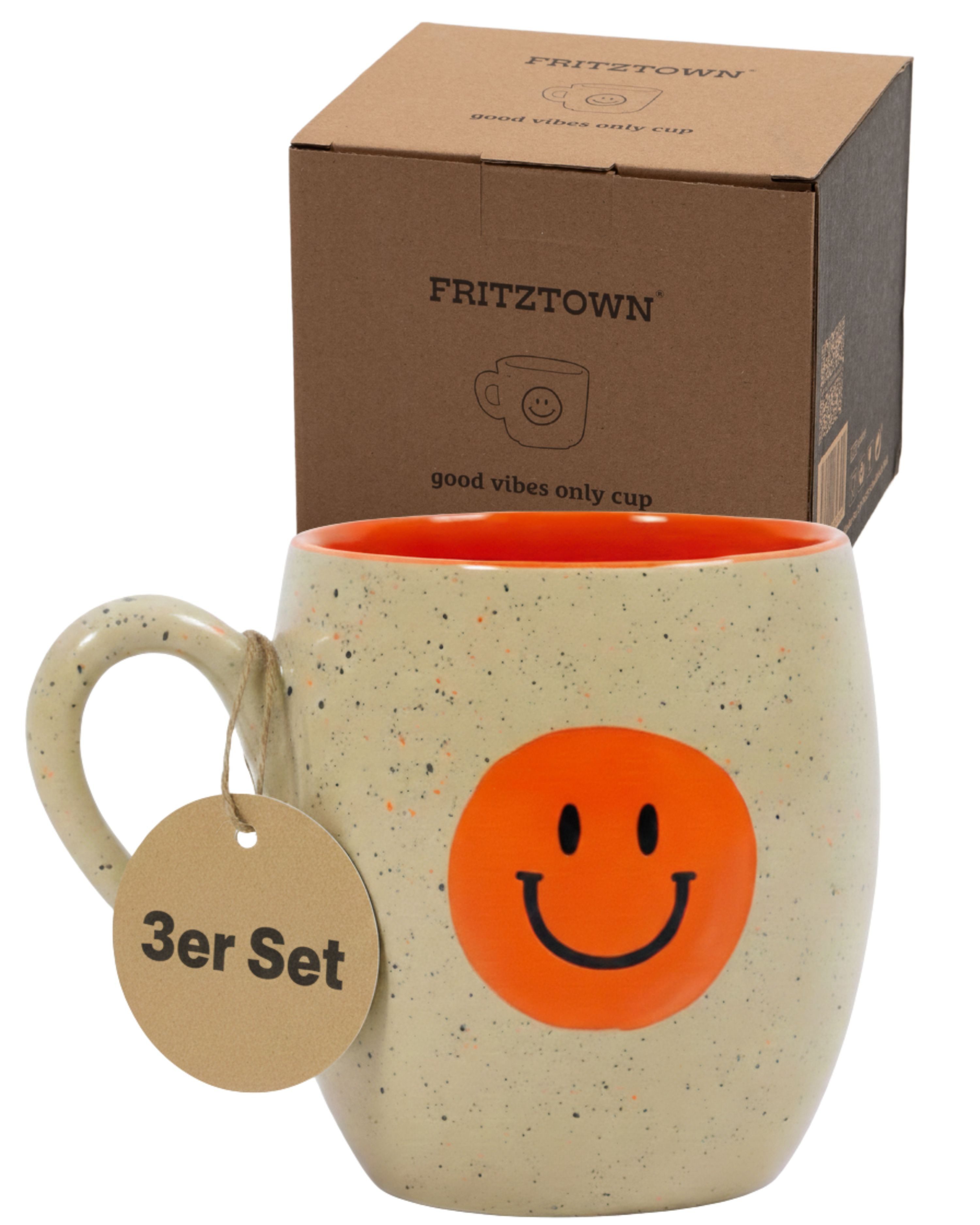FRITZTOWN Tasse Good Vibes Only 440ml, Große Keramiktasse in Geschenkverpackung, 3-tlg., Keramik