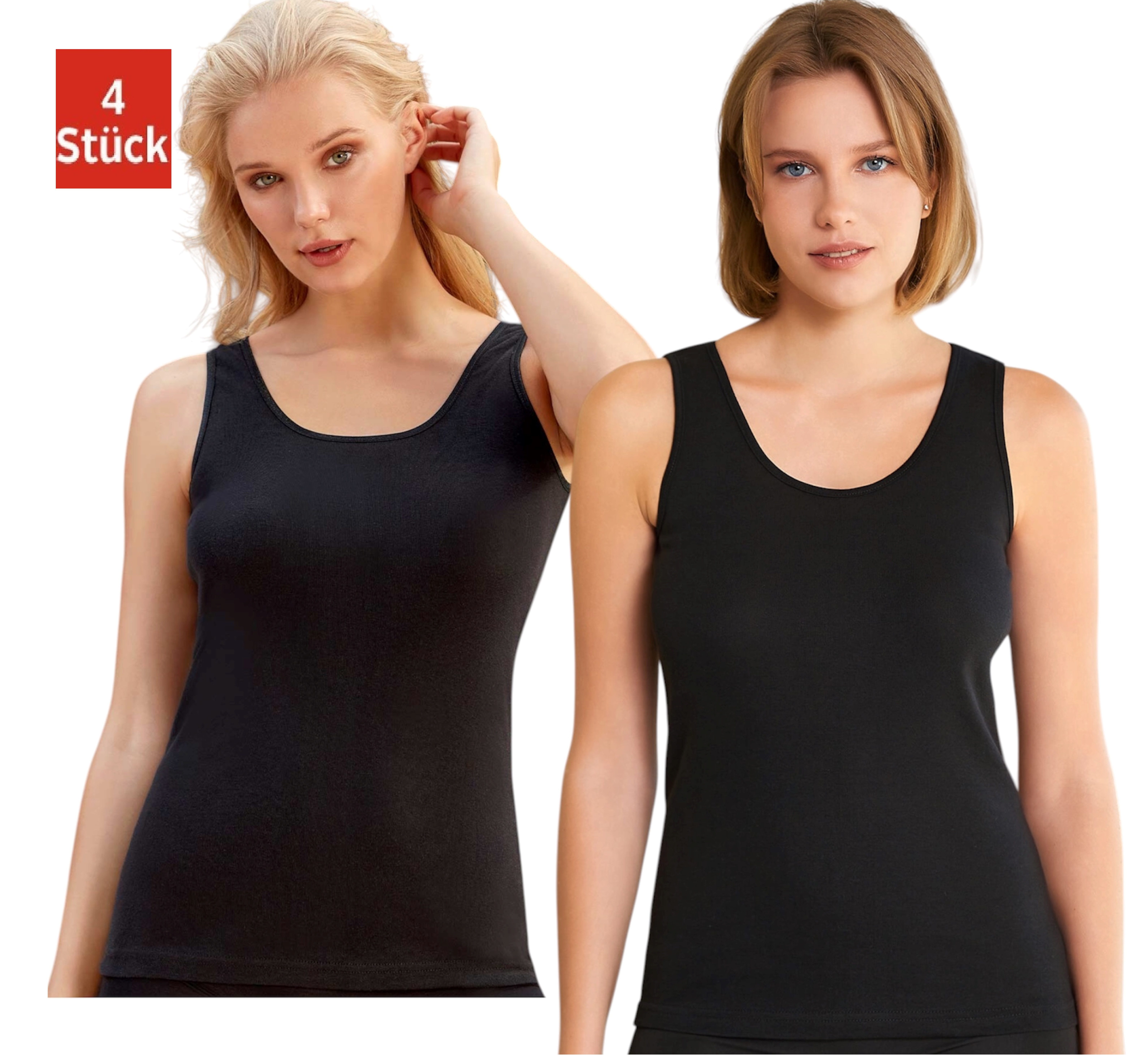 DDOnlineShop Unterhemd Damen Tanktop Baumwolle Schwarz – atmungsaktiv, elastisch (Spar-Set, 4-St., 4er Pack) Premium Qualität 2015