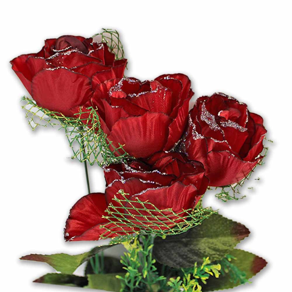 Kunstblume 4 Stück Rose Plastik dunkelrot mit Glitzer und Grünschmuck - ca. 51 cm, BEMIRO