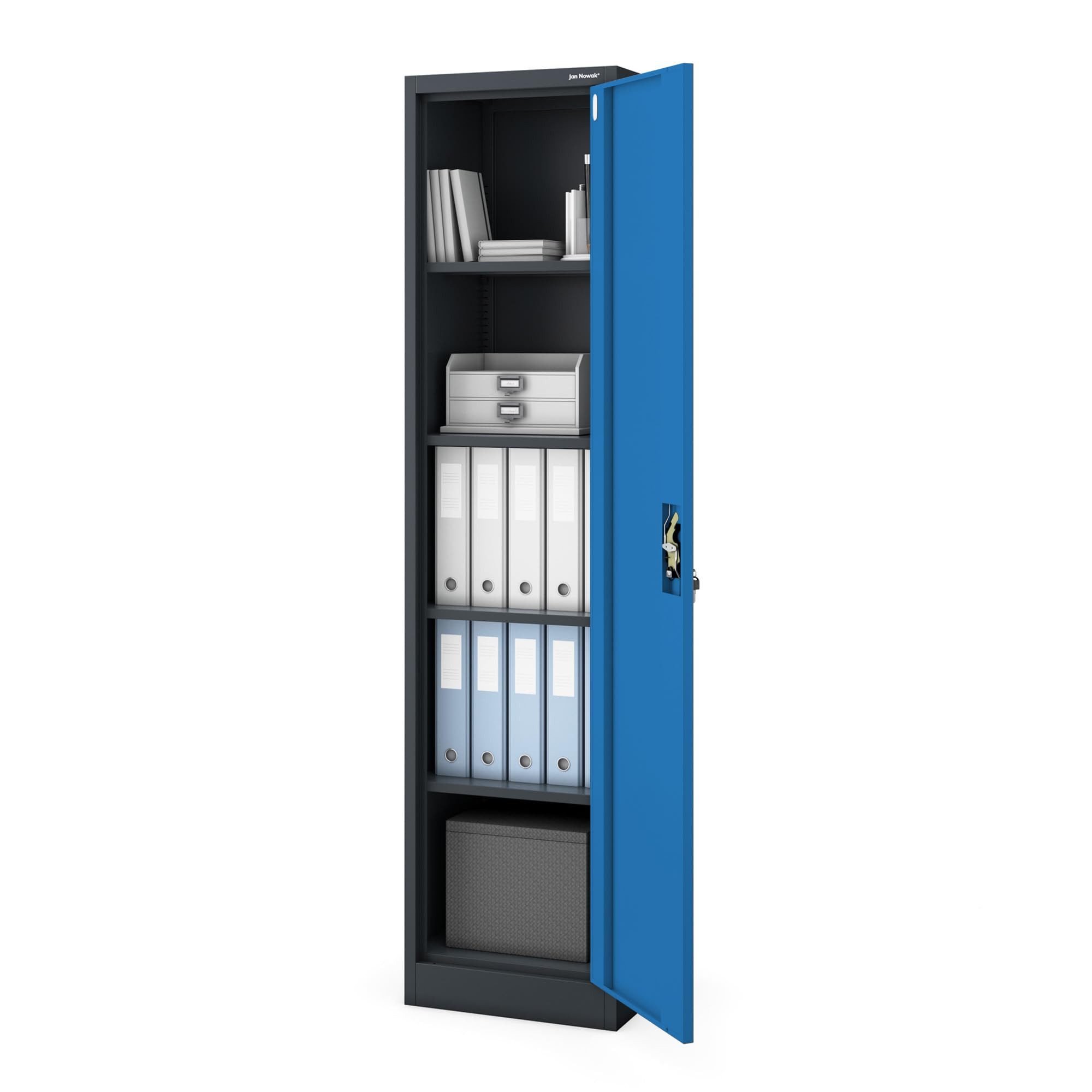 Jan Nowak Aktenschrank Metall Büroschrank abschließbar 45 cm ALEX 4 Böden Stahl schmal (Aktenschrank Ordnerschrank Büro Kanzlei Praxis platzsparend, Stahl 0,6 mm 185 x 45 x 40 cm Wandmontage 2 Schlüssel robust) Schloss langlebig pulverbeschichtet 13 Farben