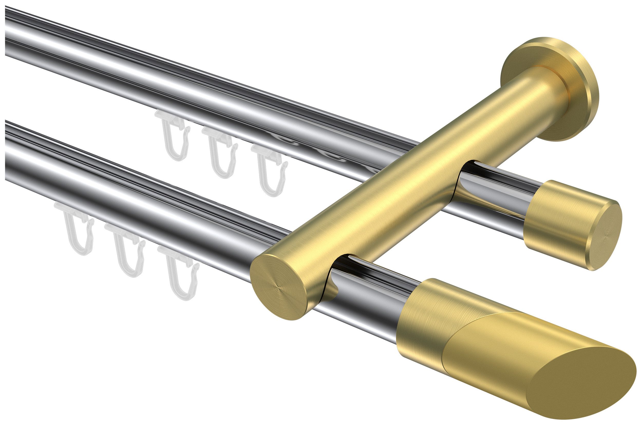 INTERDECO Gardinenstange Platon Verano, Ø 20 mm, 2-läufig, Fixmaß, kürzbar, Wandmontage, Aluminium, Chrom / Messing-Optik / Bicolor