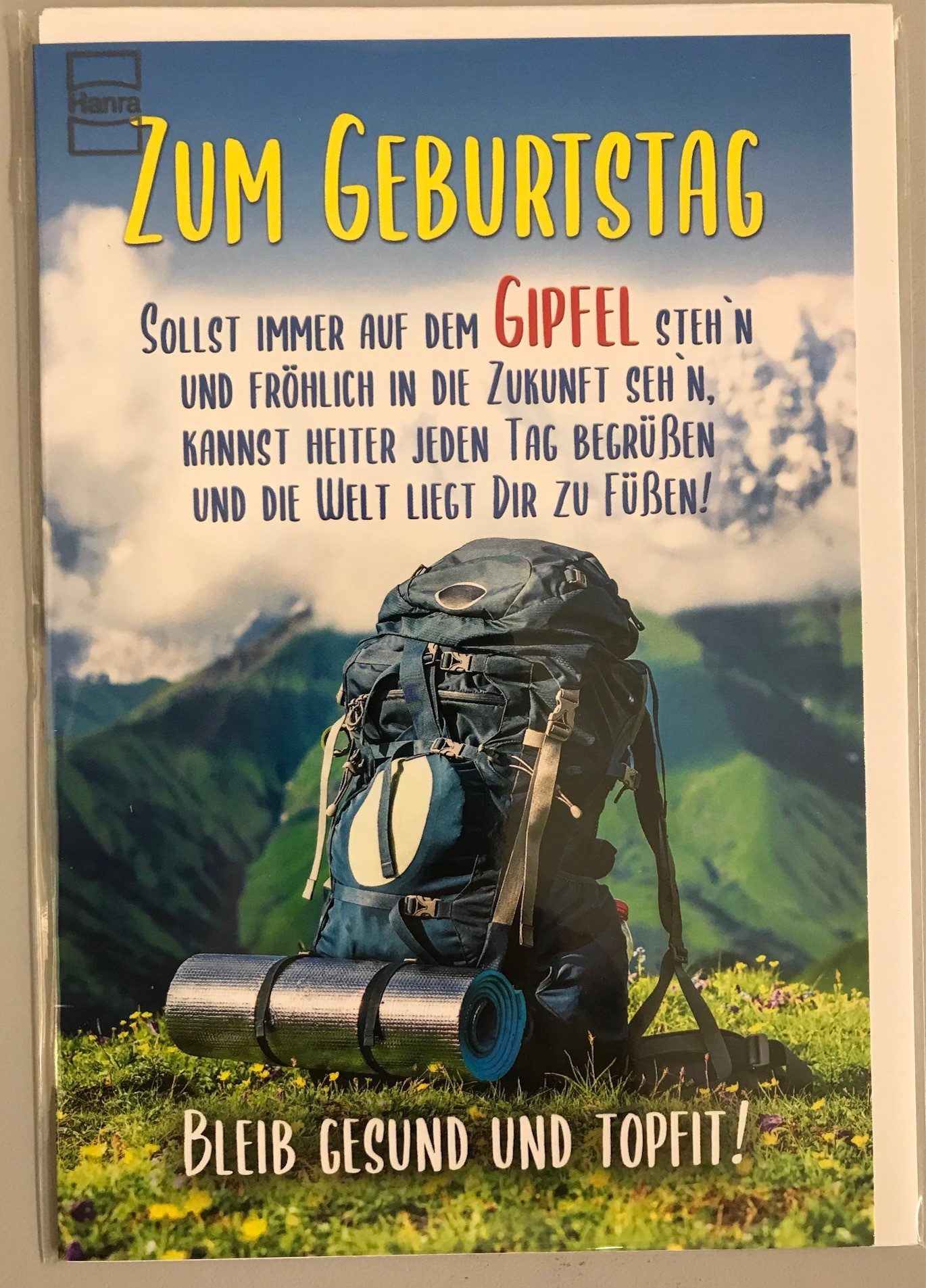 Grußkarten Geburtstag – Rucksack am Gipfel – "Zum Geburtstag..." Karte mit Briefu