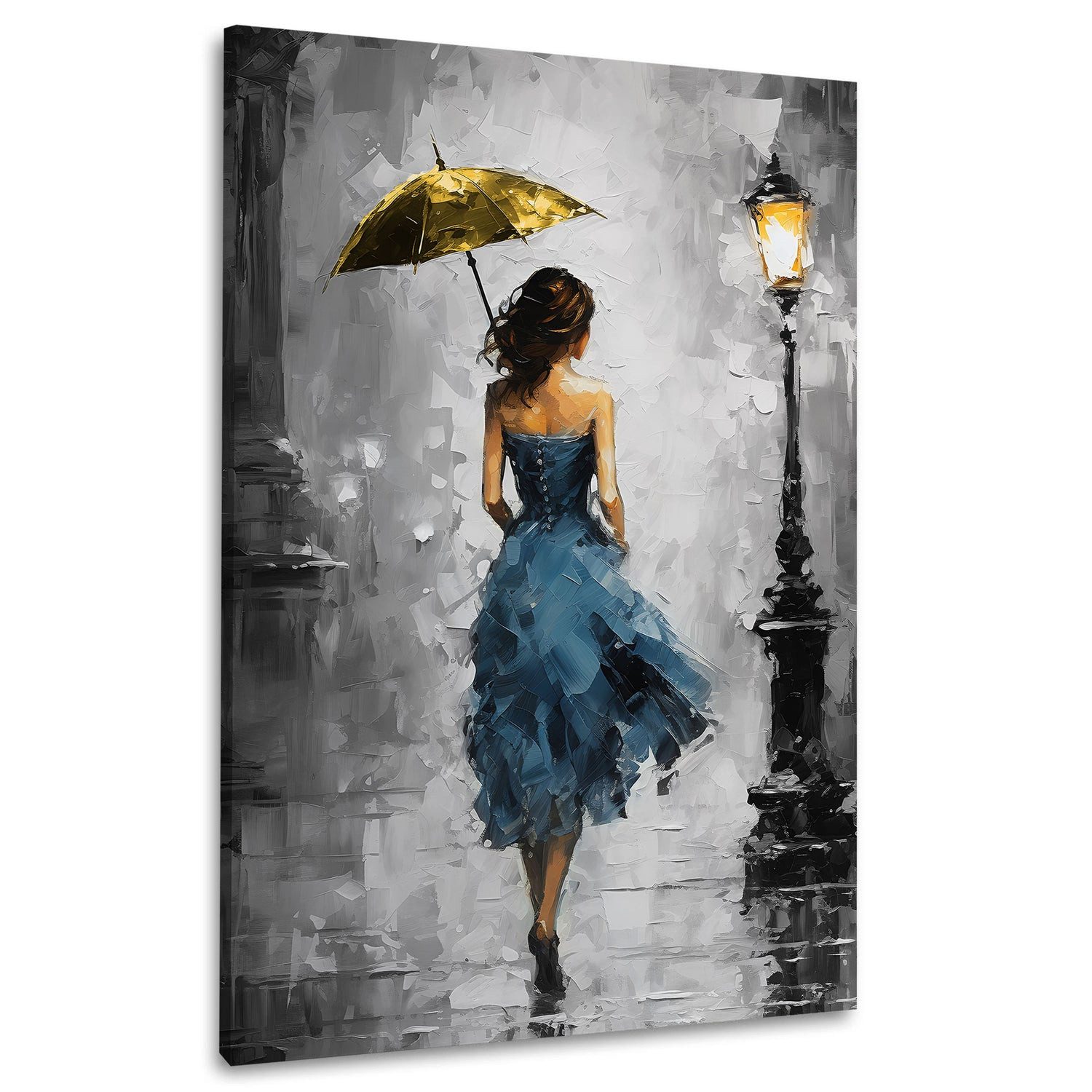 Artedinoi Leinwandbild Frau blaues Kleid gelber Regenschirm Regen Leinwandbild Wandbild, Frau im blauen Kleid