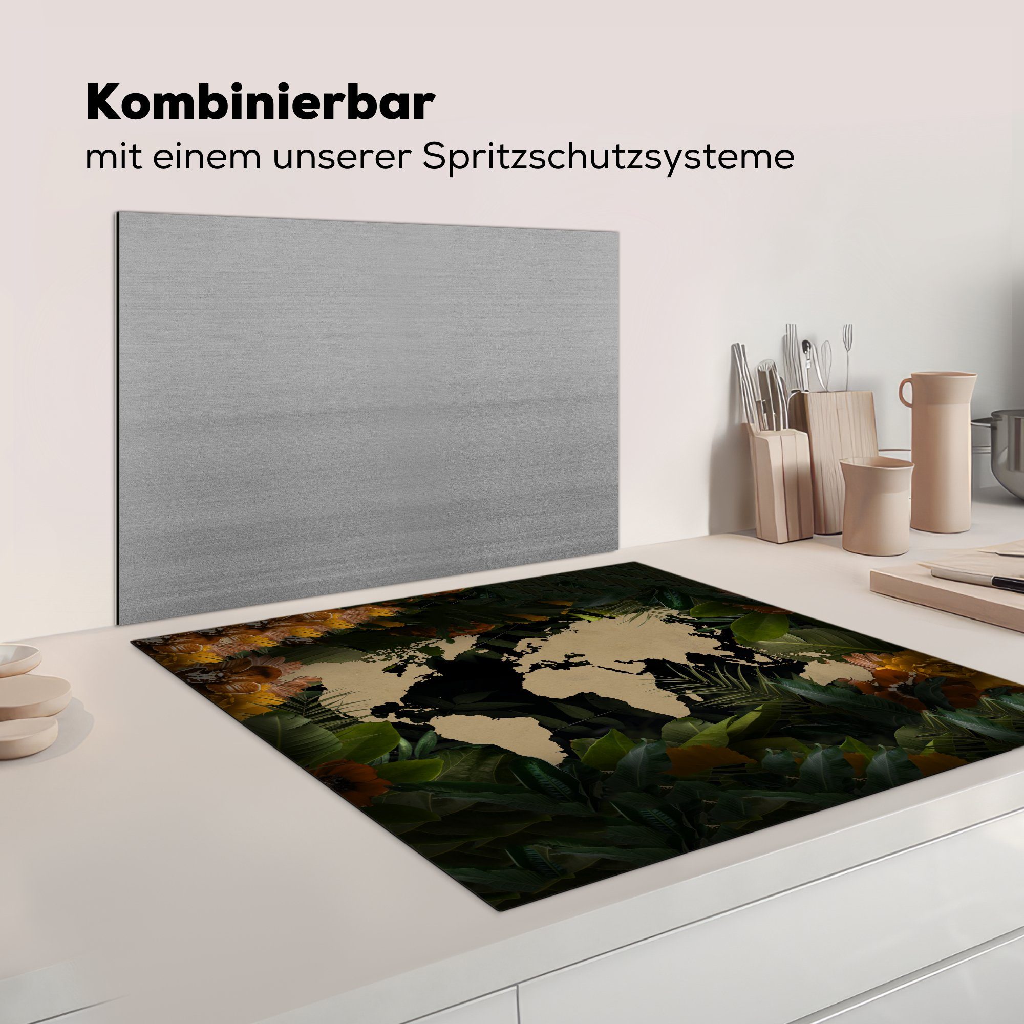 - Blumen, cm, Herdblende-/Abdeckplatte tlg), Weltkarte Ceranfeldabdeckung, küche (1 Arbeitsplatte - MuchoWow Vinyl, für 78x78 Einfach